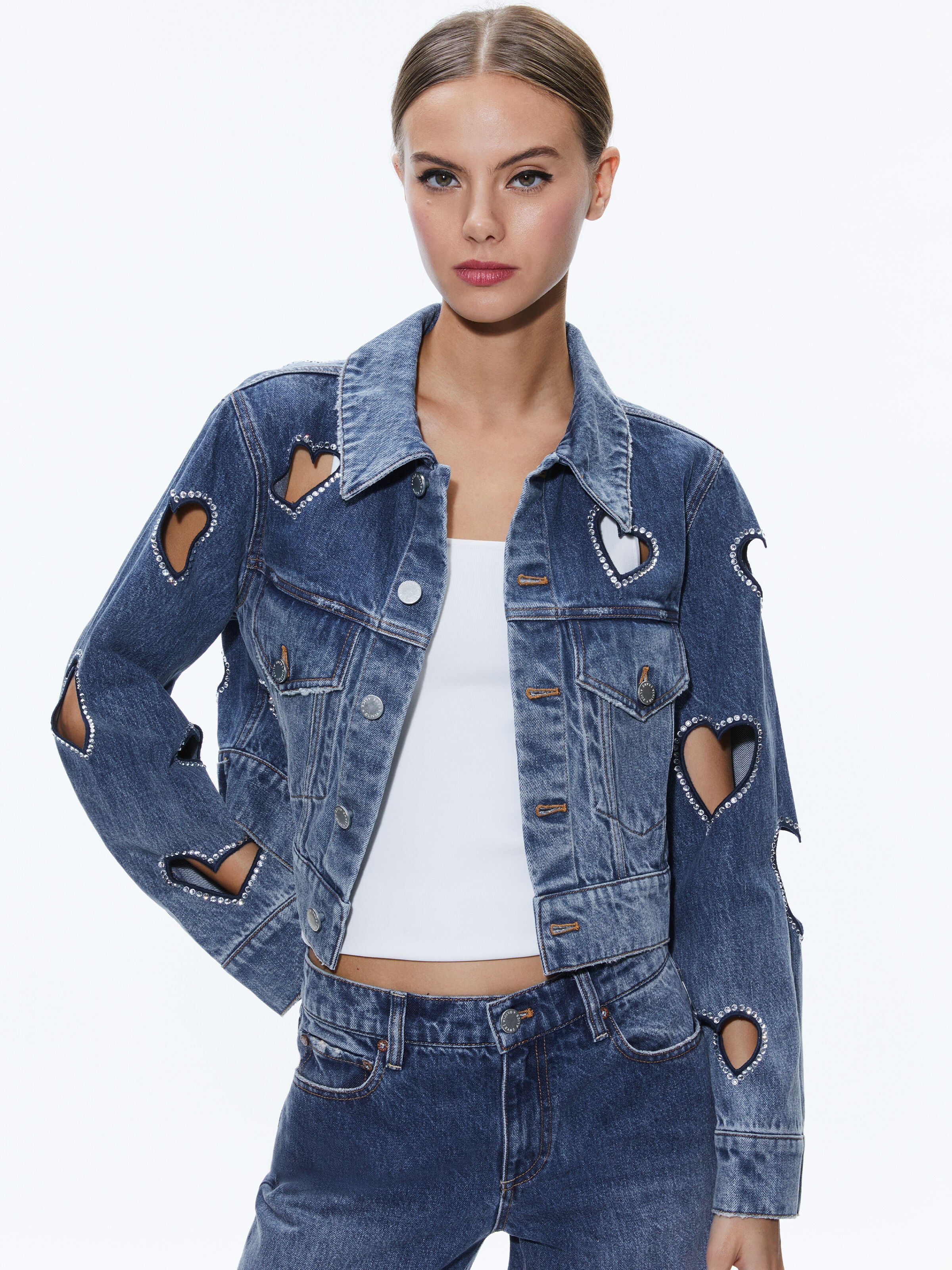 JEFF HEART EMBELLISHED CROPPED DENIM JACKET-TRUE BLUES DARK-ALICE + OLIVIA