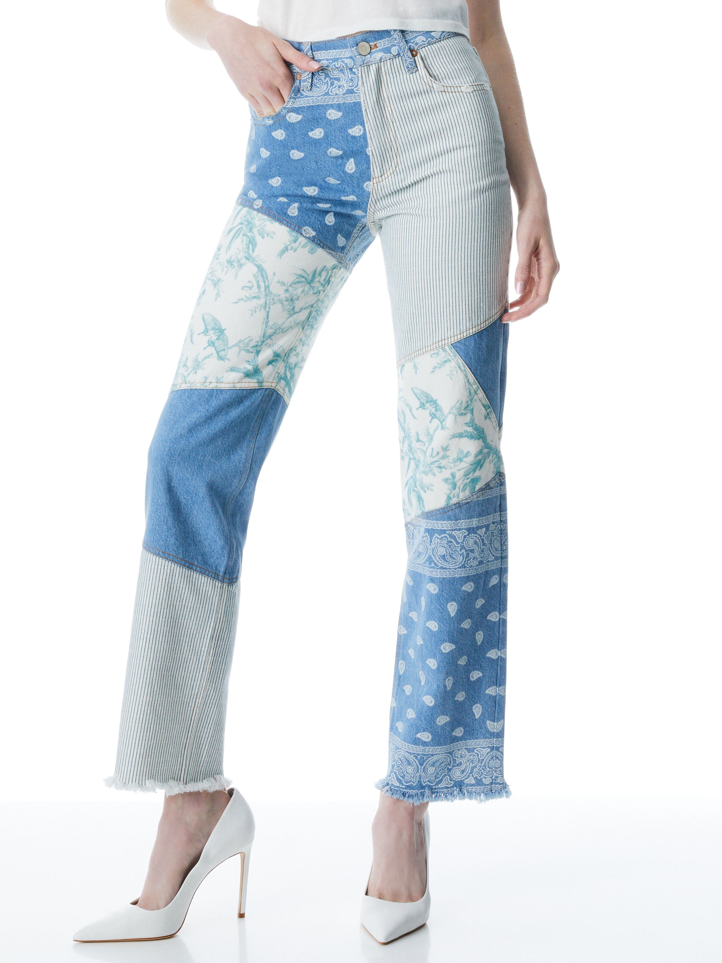 AMAZING HIGH RISE PATCHWORK JEANS-DENIM MIXED PATCHWORK-ALICE + OLIVIA