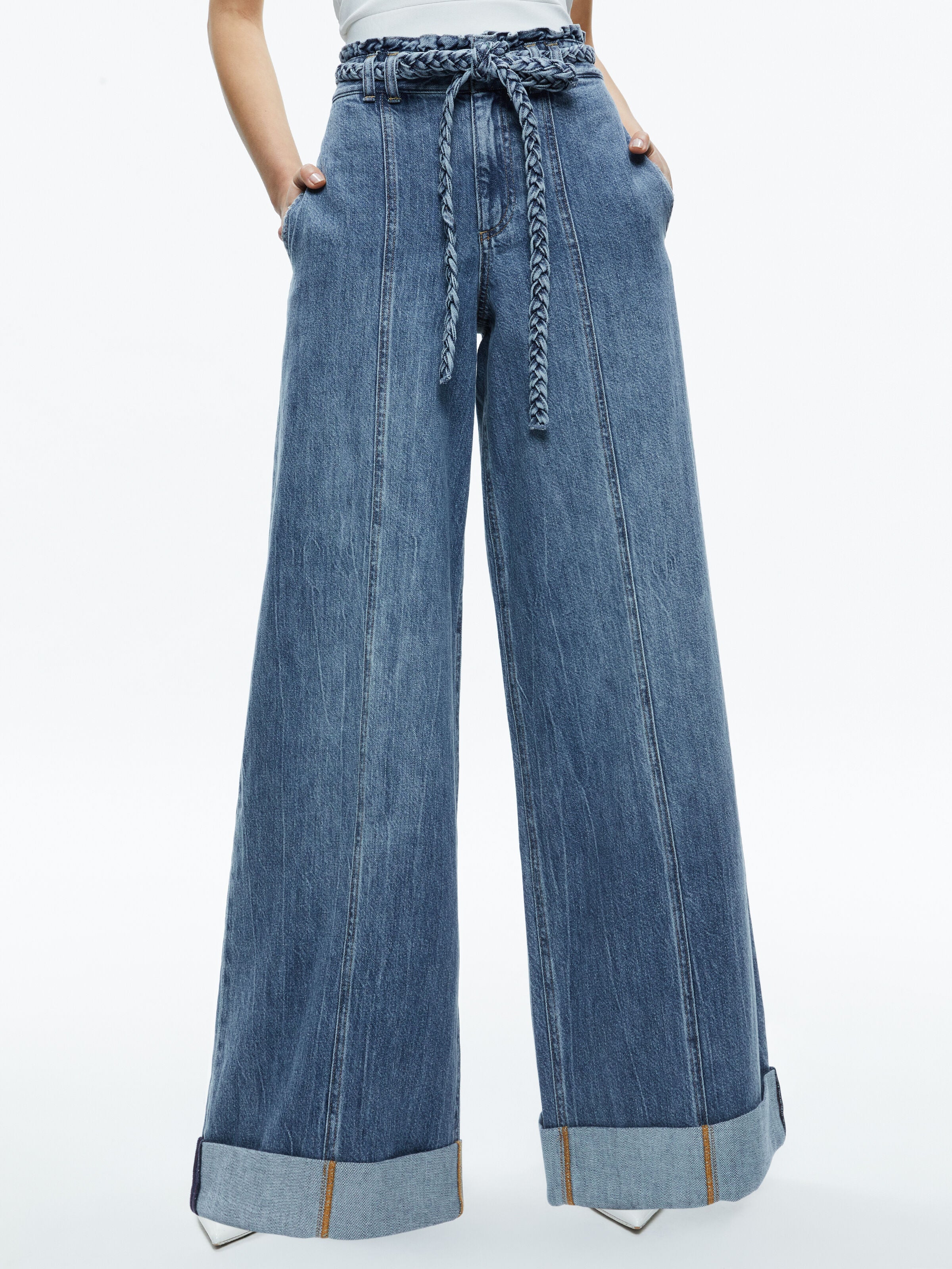 HARRIET WIDE LEG HIGH RISE PAPERBAG JEAN-BROOKLYN BLUE-ALICE + OLIVIA