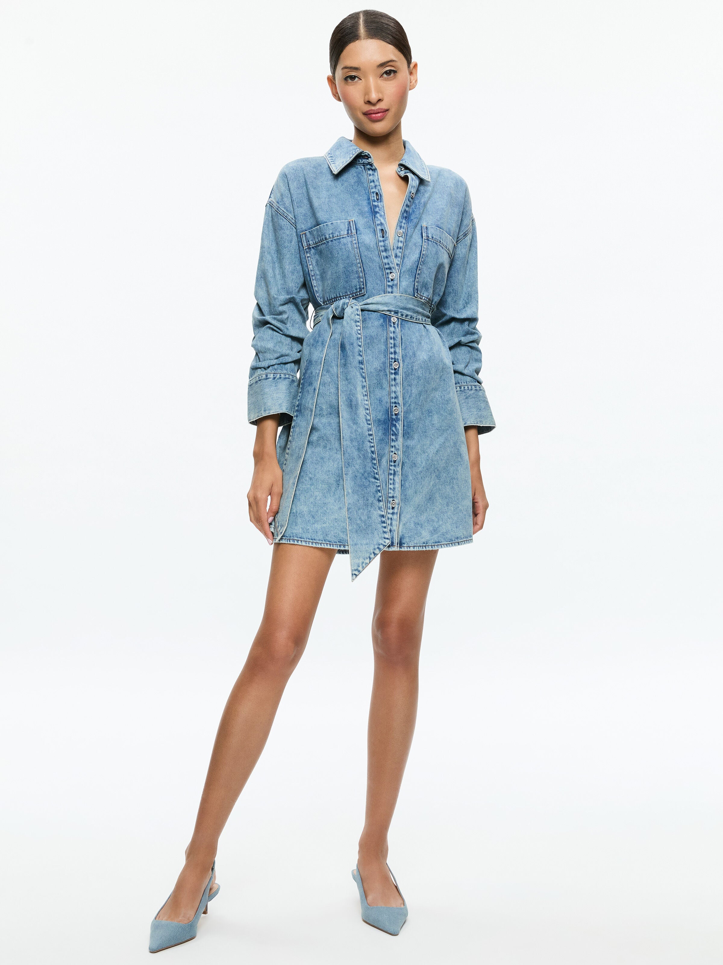 BRIGITA DENIM MINI DRESS-HARLOW VINTAGE BLUE-ALICE + OLIVIA