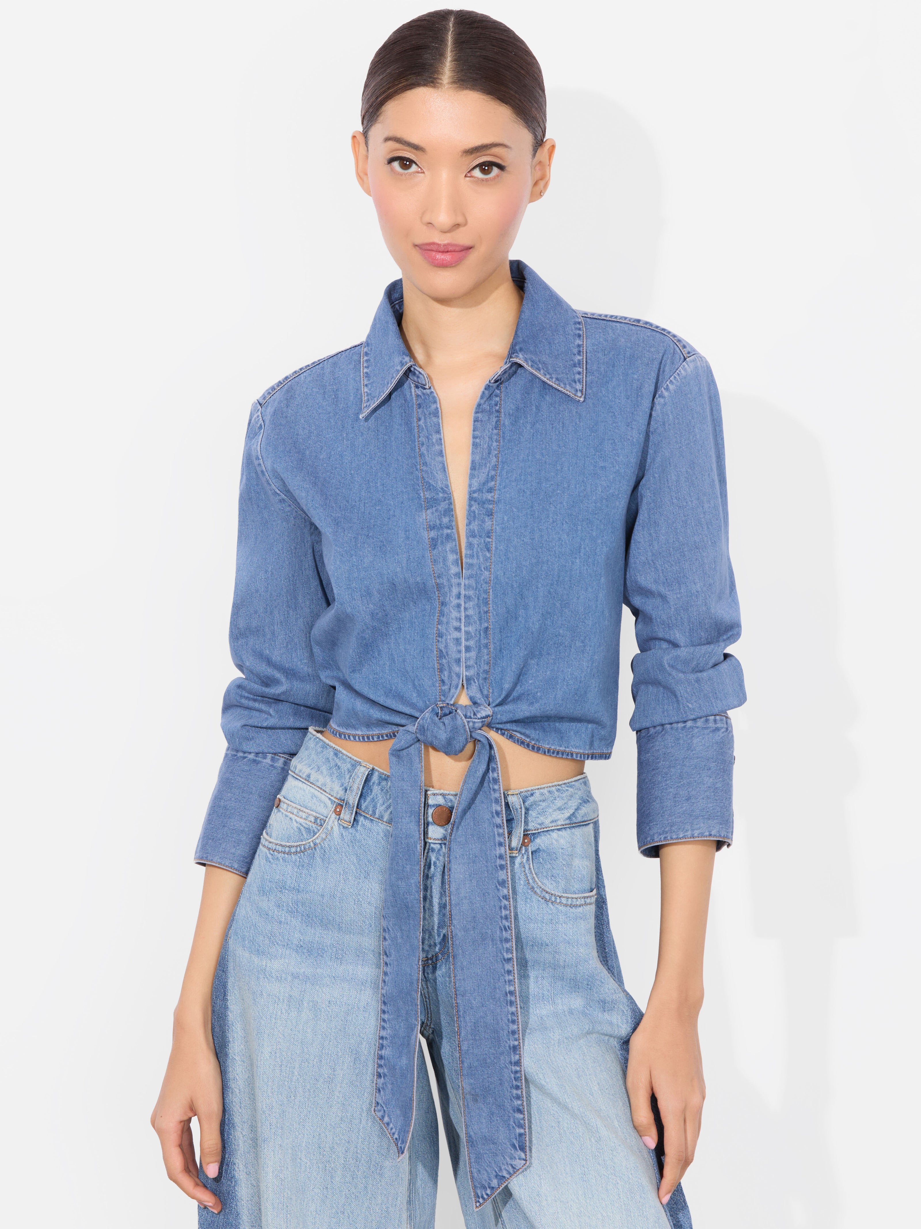 HANNON CHAMBRAY TIE FRONT BLOUSE-MEDIUM INDIGO CHAMBRAY-ALICE + OLIVIA