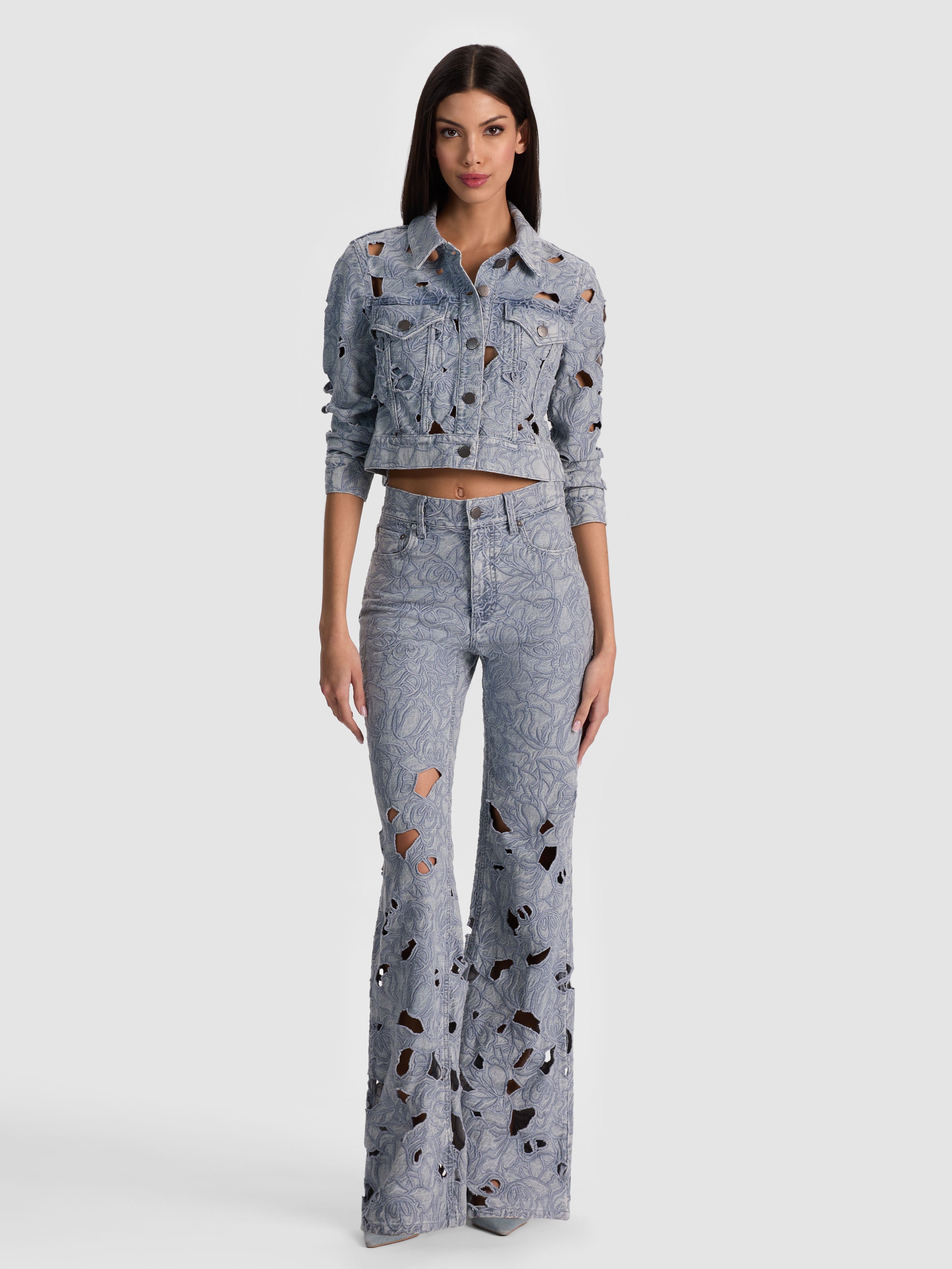 CHLOE LASER-CUT DENIM JACKET-ROCKSTAR BLUE-ALICE + OLIVIA