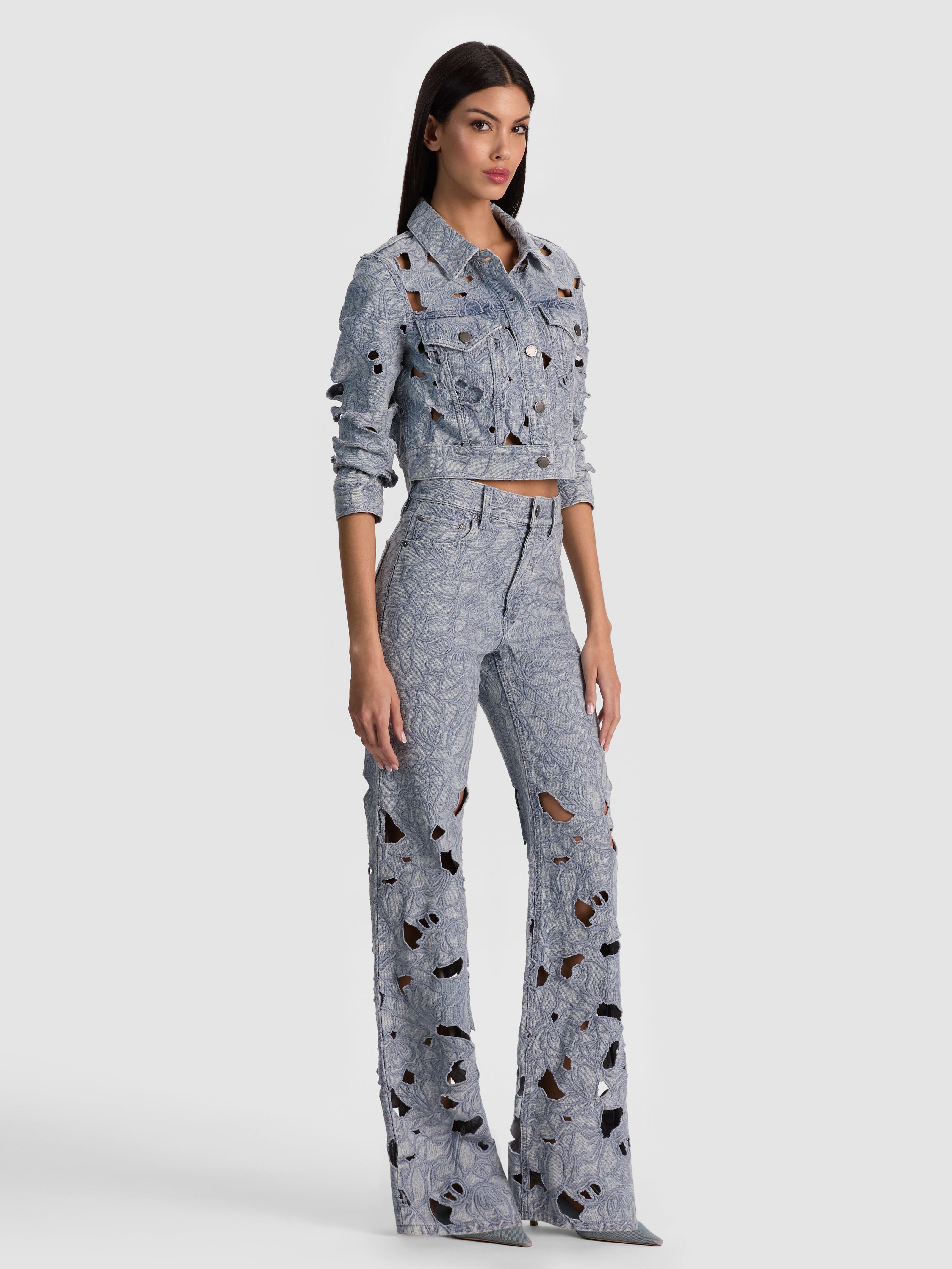 CHLOE LASER-CUT DENIM JACKET-ROCKSTAR BLUE-ALICE + OLIVIA