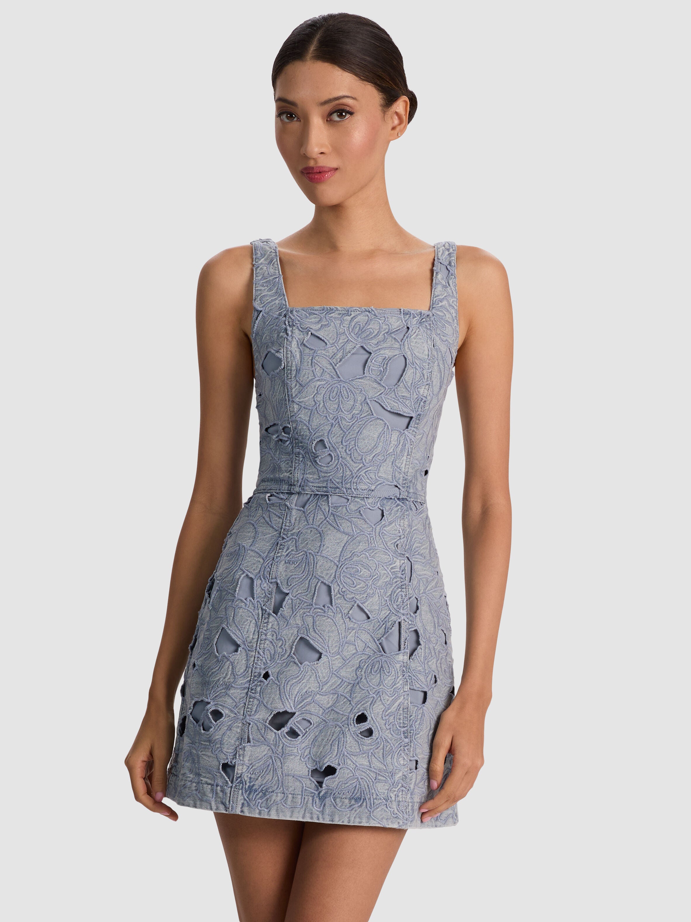 MARYANN LASER-CUT DENIM DRESS-ROCKSTAR BLUE-ALICE + OLIVIA