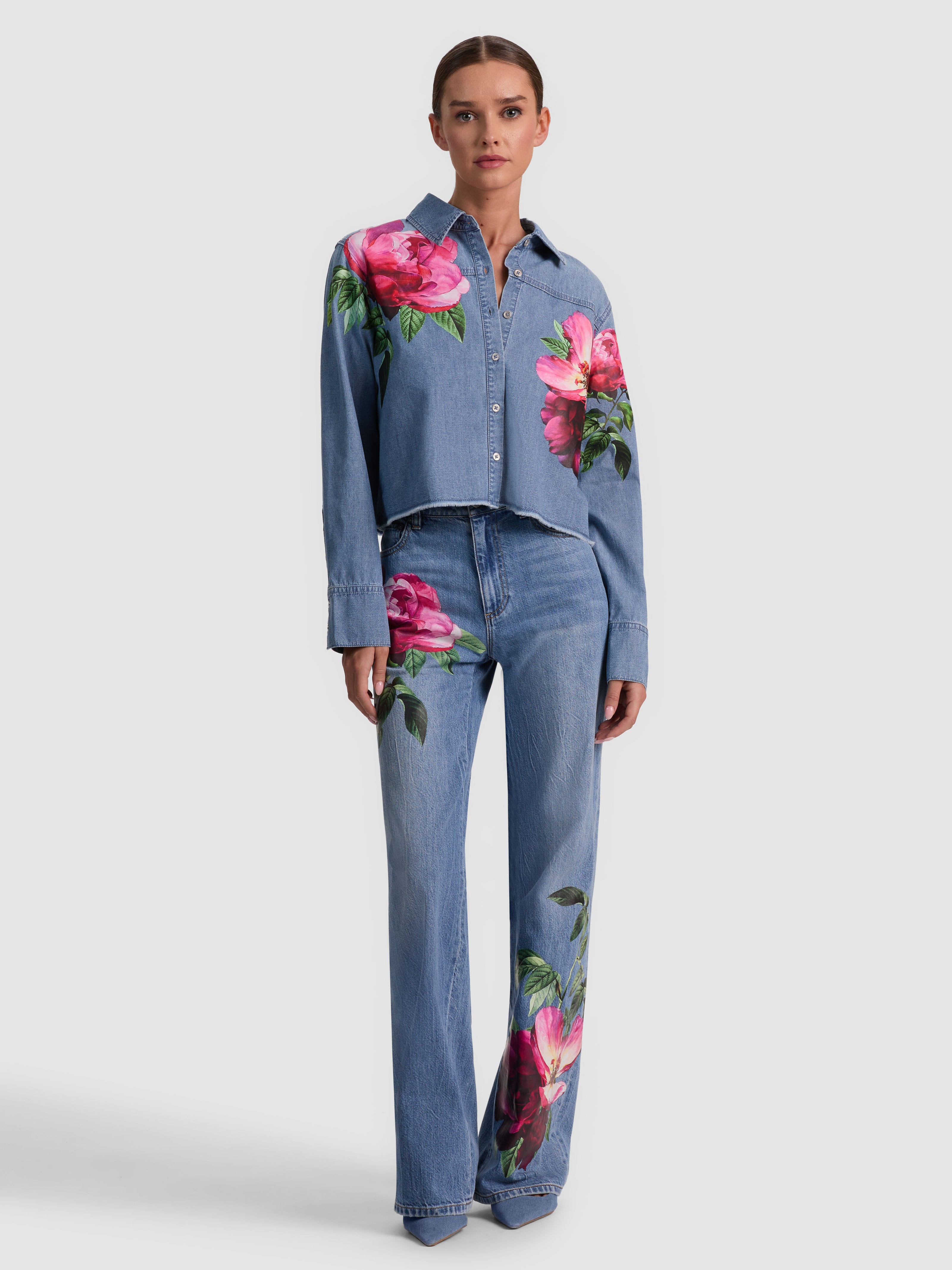 FINELY DENIM BUTTON DOWN-DENVER BRIGHT BLUE/EMPRS BLOOM-ALICE + OLIVIA