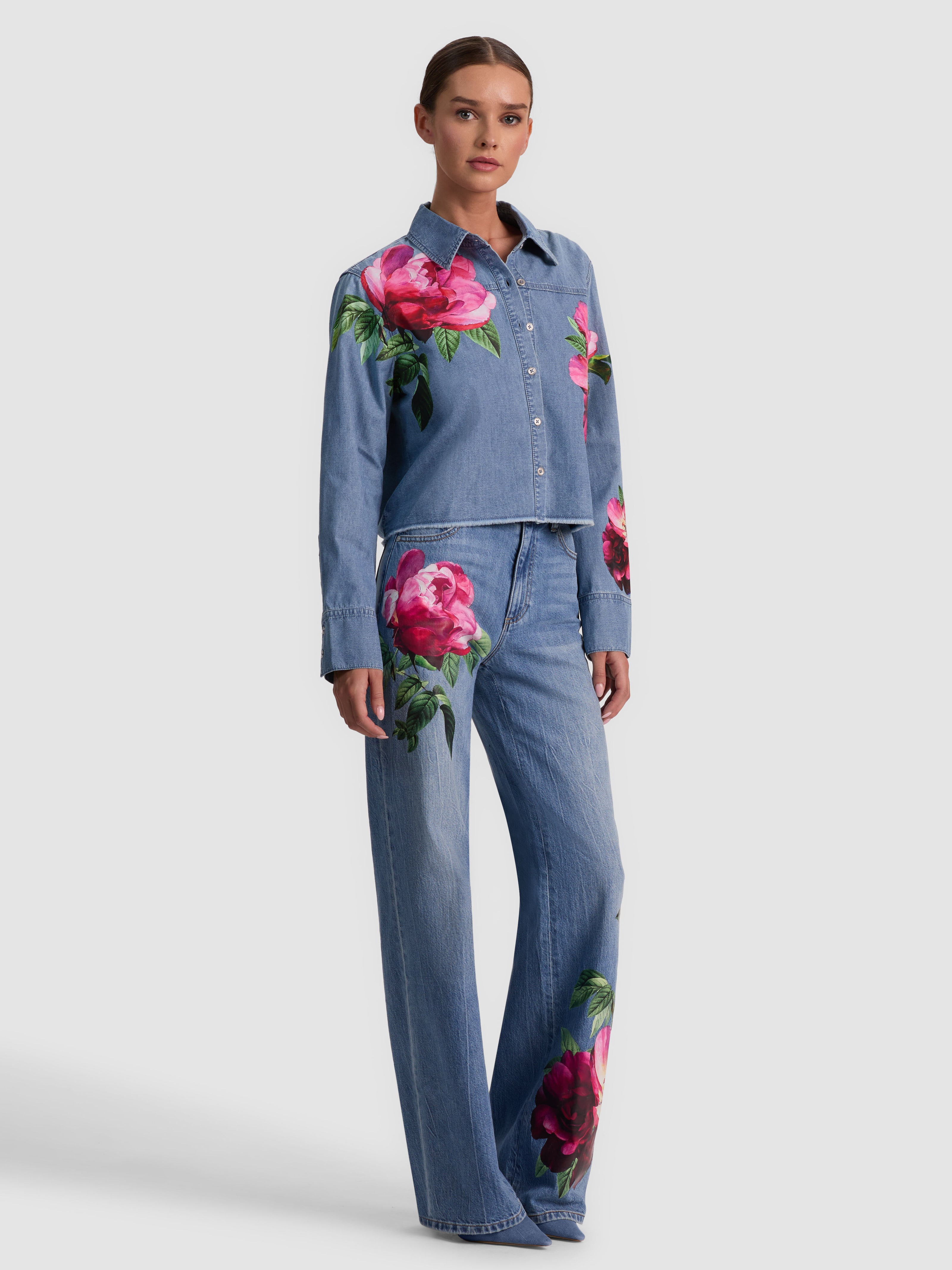 FINELY DENIM BUTTON DOWN-DENVER BRIGHT BLUE/EMPRS BLOOM-ALICE + OLIVIA