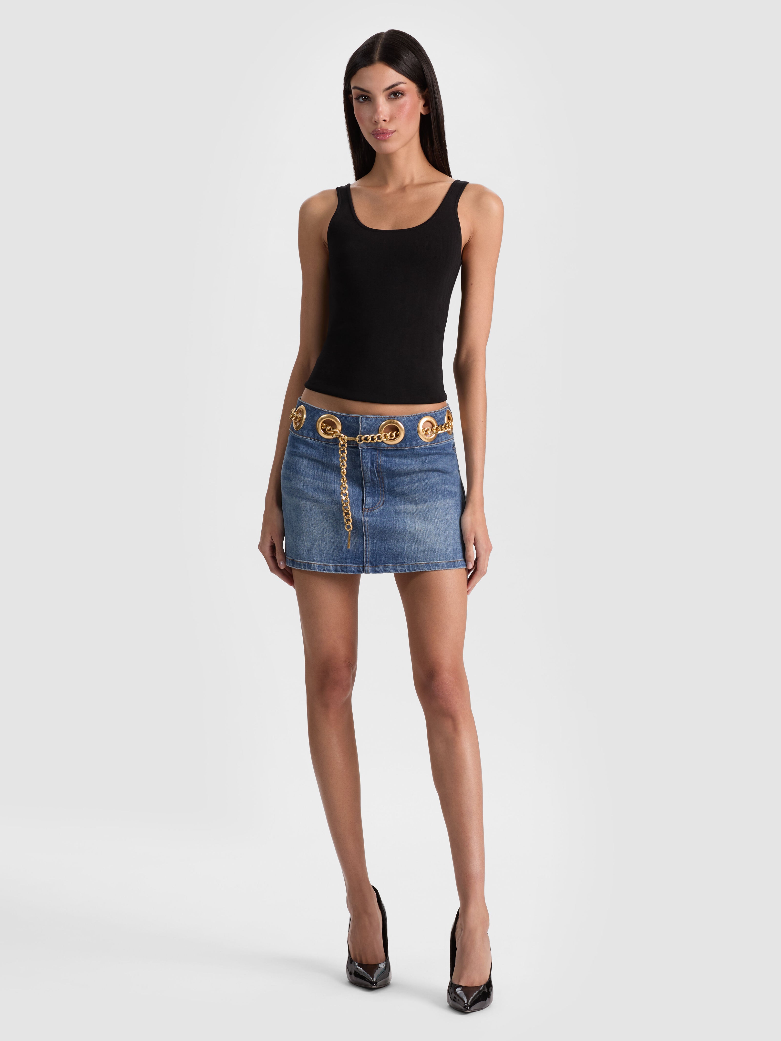 MORGANA CHAIN BELT DENIM MINI SKIRT-BROOKLYN BLUE-ALICE + OLIVIA