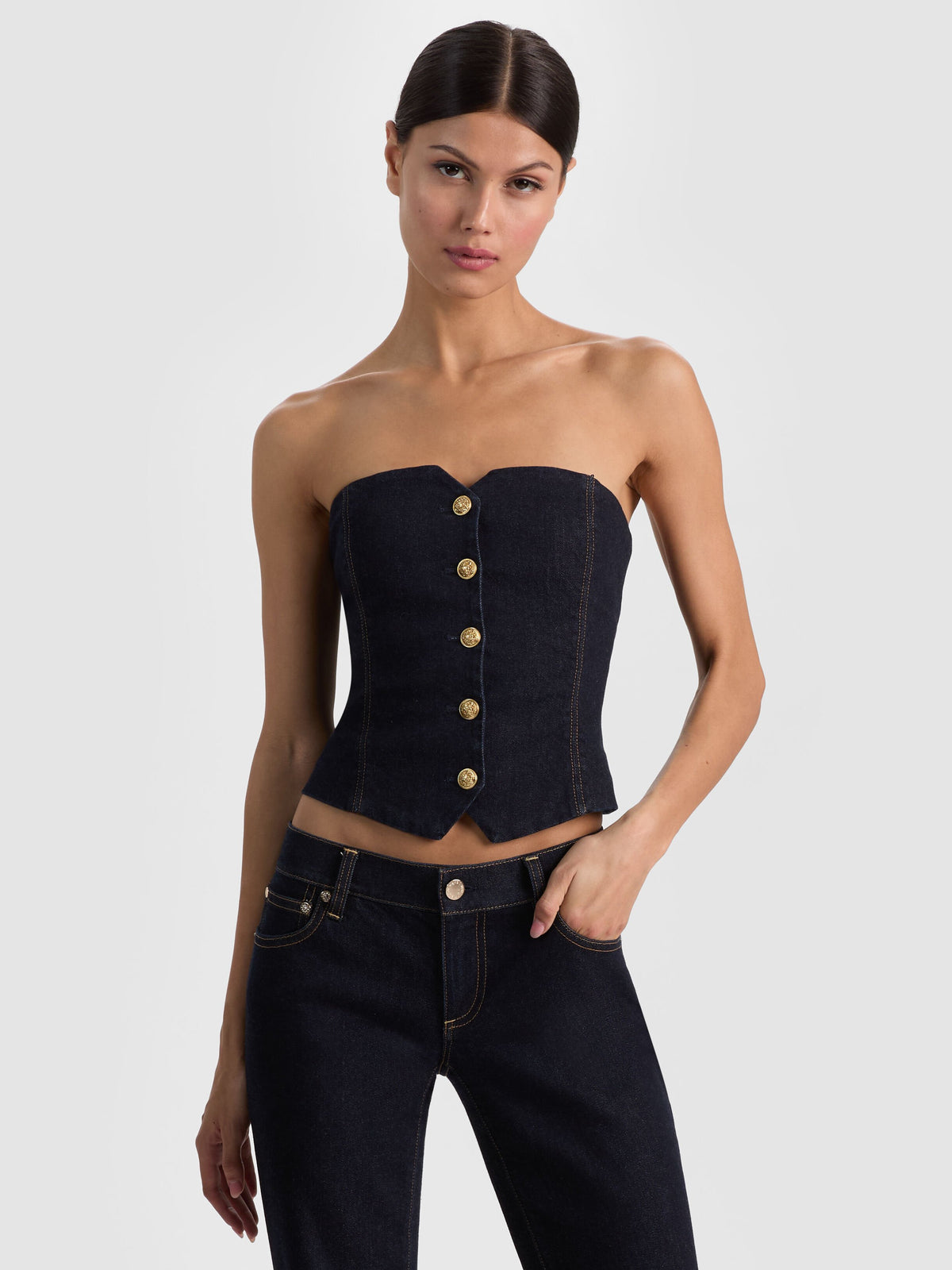 KELCEY STRAPLESS DENIM VEST - DARK RINSE