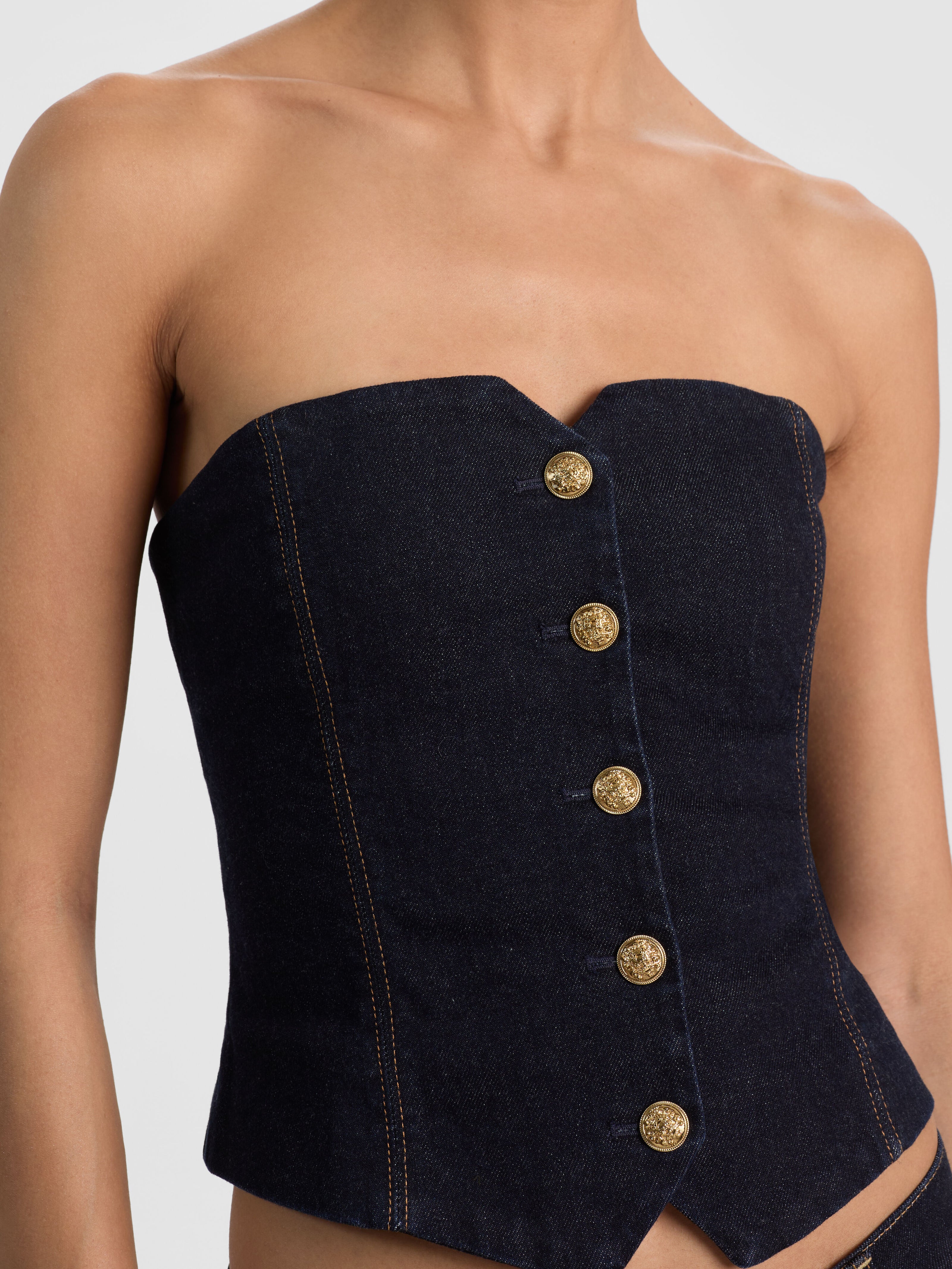 KELCEY STRAPLESS DENIM VEST-DARK RINSE-ALICE + OLIVIA