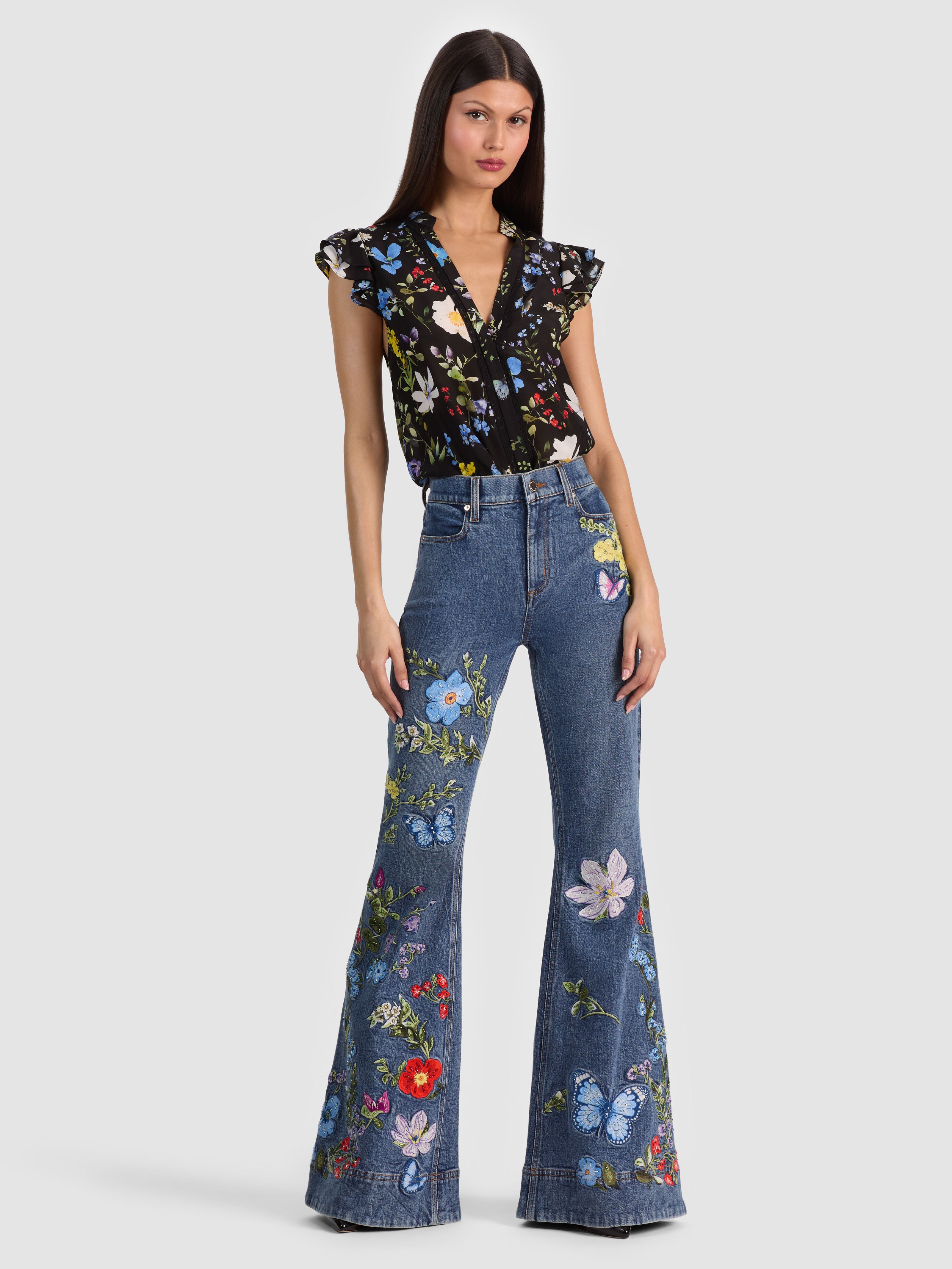 BEAUTIFUL EMBROIDERED JEAN-BROOKLYN BLUE/MULTI-ALICE + OLIVIA