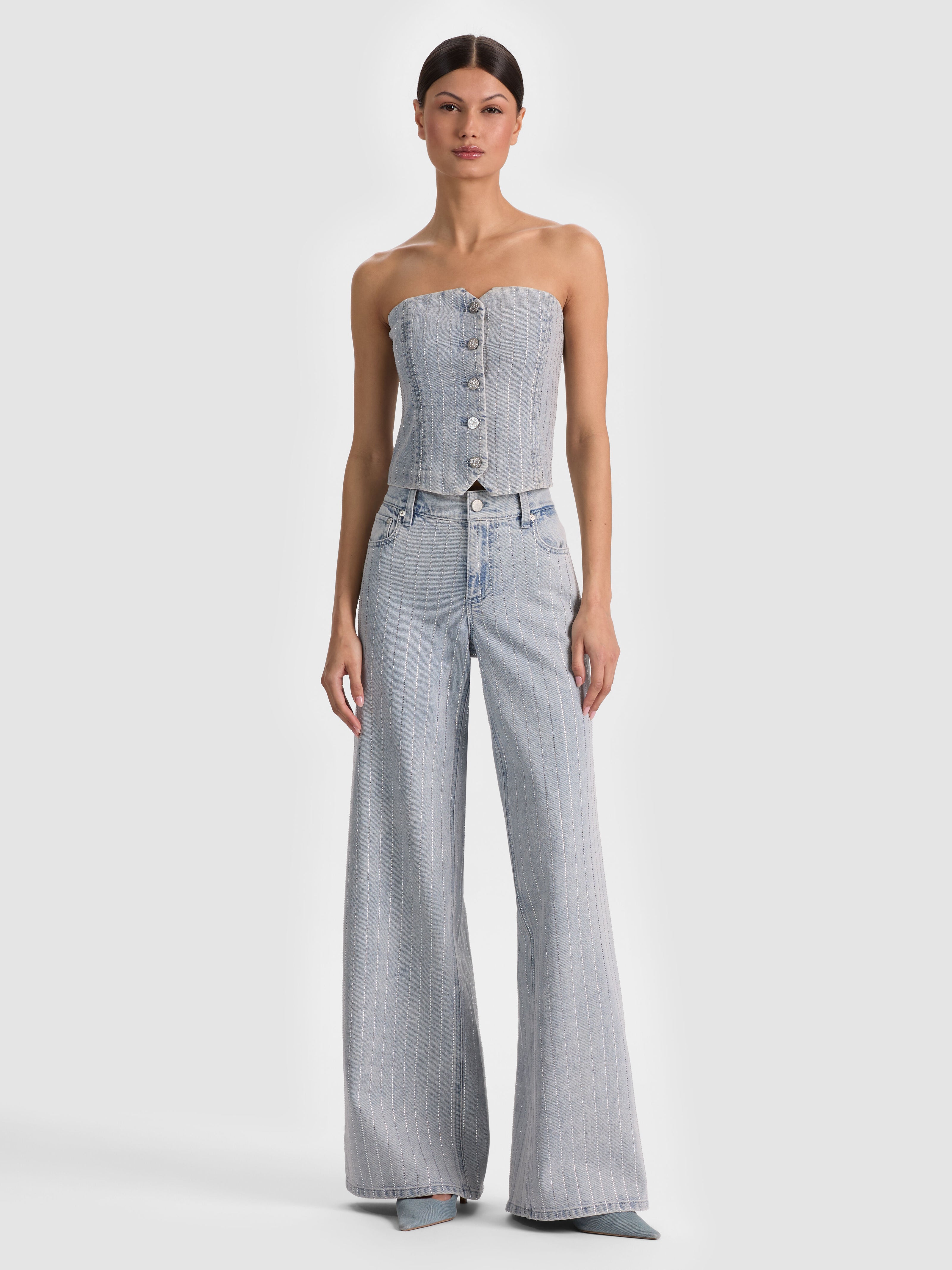 Gilet en jean sans bretelles KELCEY orné – Bleu Rockstar/Cristal clair PI-ALICE + OLIVIA