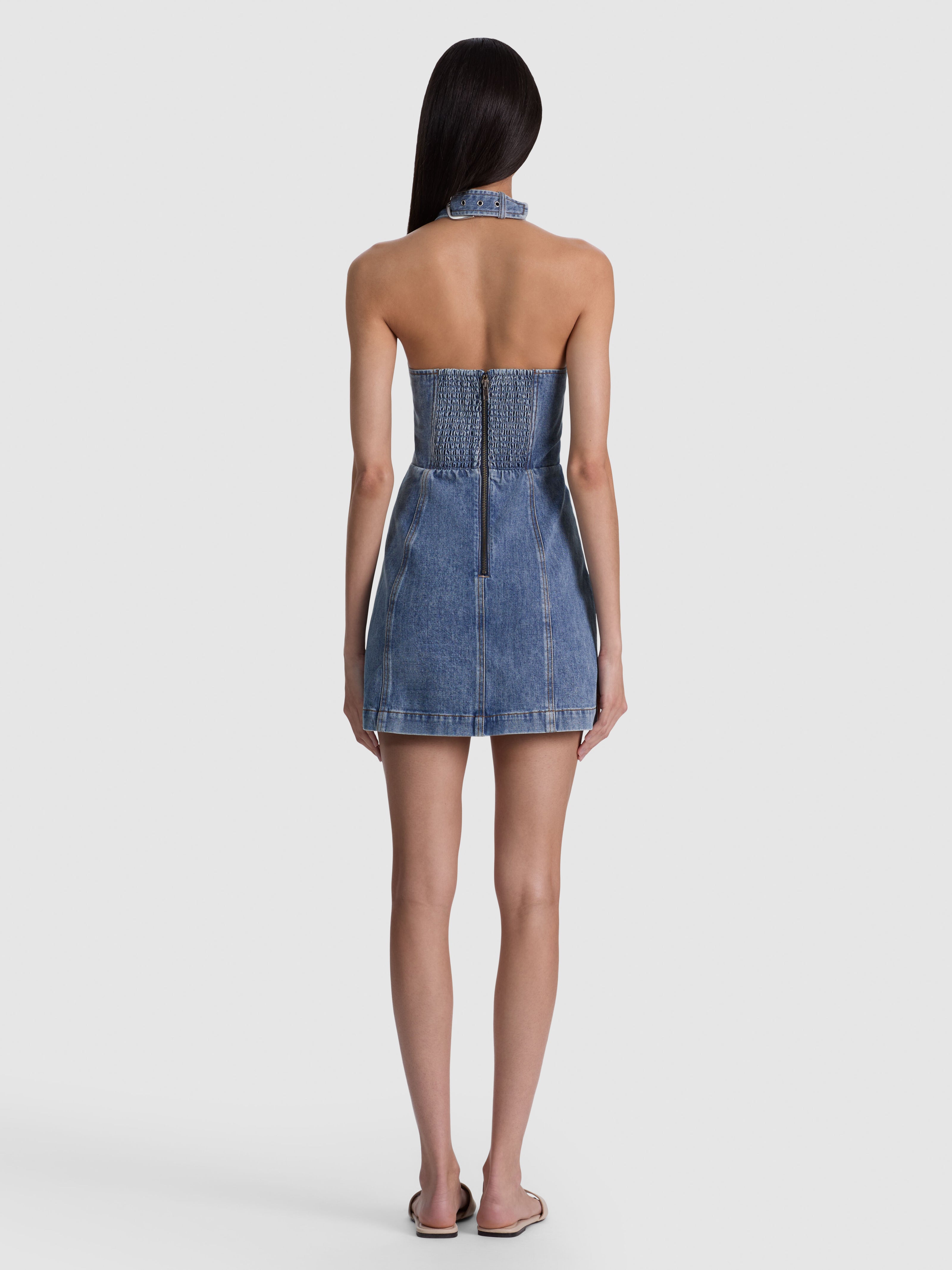 SOLANA BUCKLE DENIM HALTER MINI DRESS-BROOKLYN BLUE-ALICE + OLIVIA