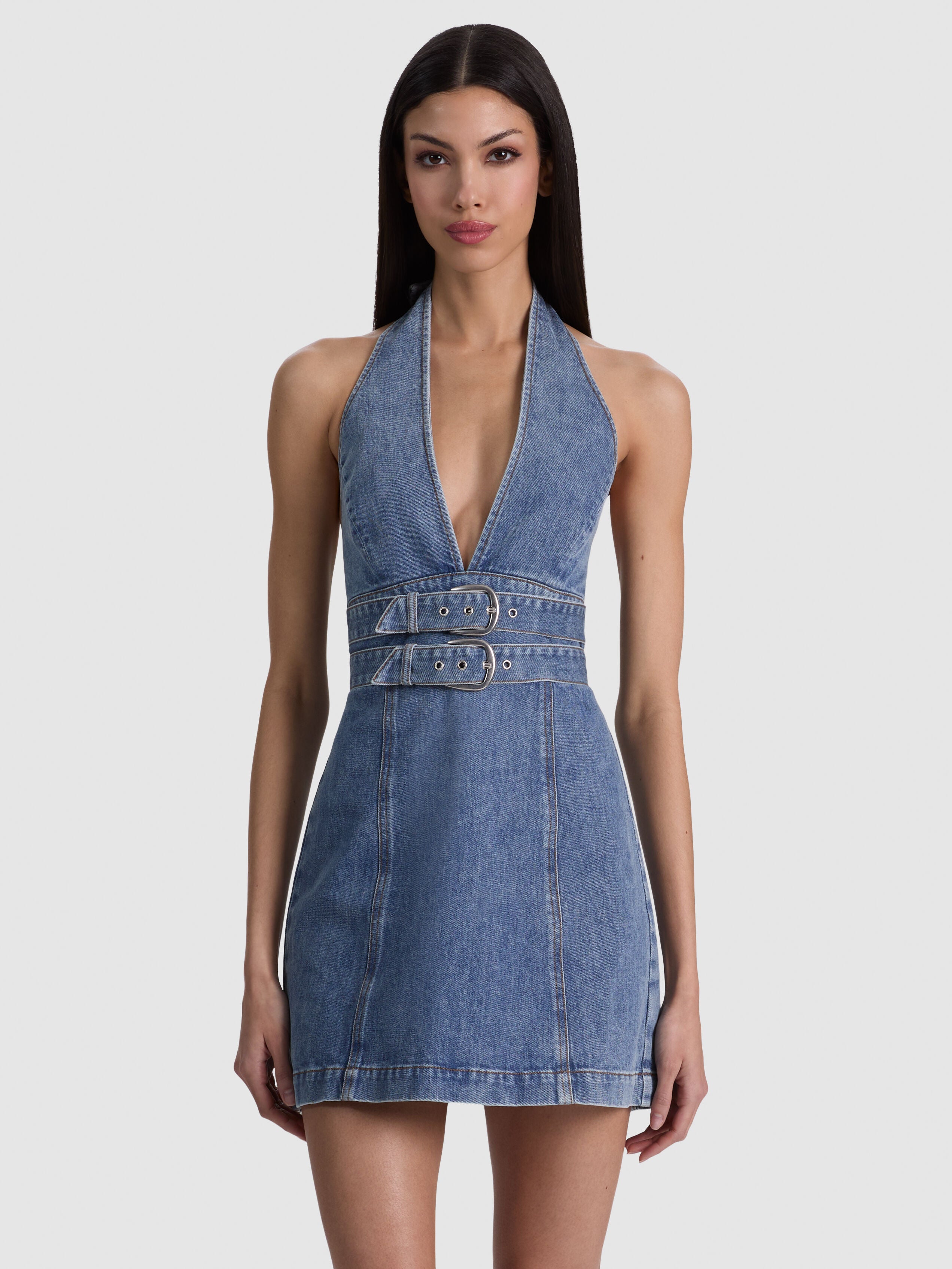 SOLANA BUCKLE DENIM HALTER MINI DRESS-BROOKLYN BLUE-ALICE + OLIVIA