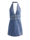SOLANA BUCKLE DENIM HALTER MINI DRESS-BROOKLYN BLUE-ALICE + OLIVIA
