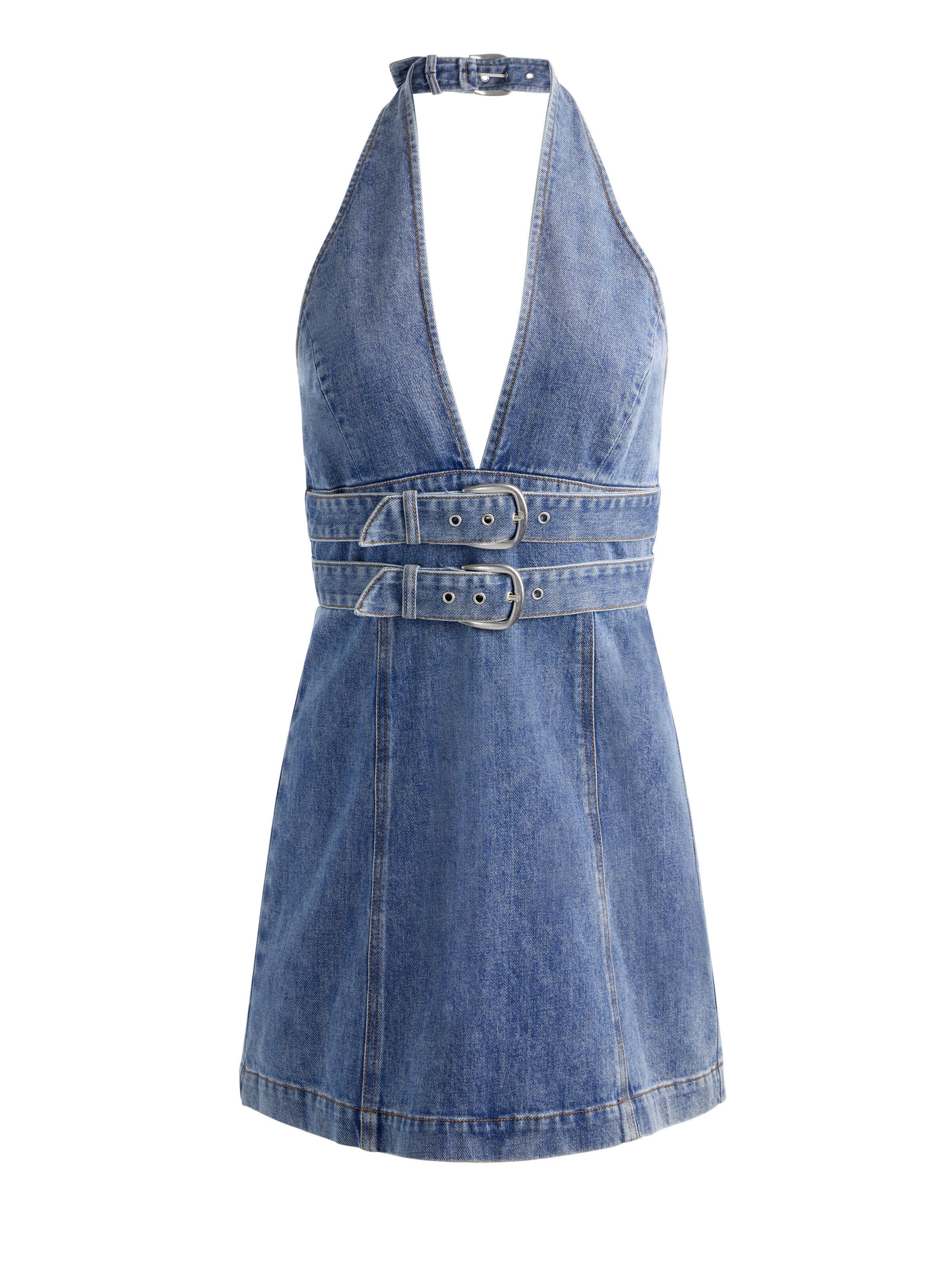 SOLANA BUCKLE DENIM HALTER MINI DRESS-BROOKLYN BLUE-ALICE + OLIVIA