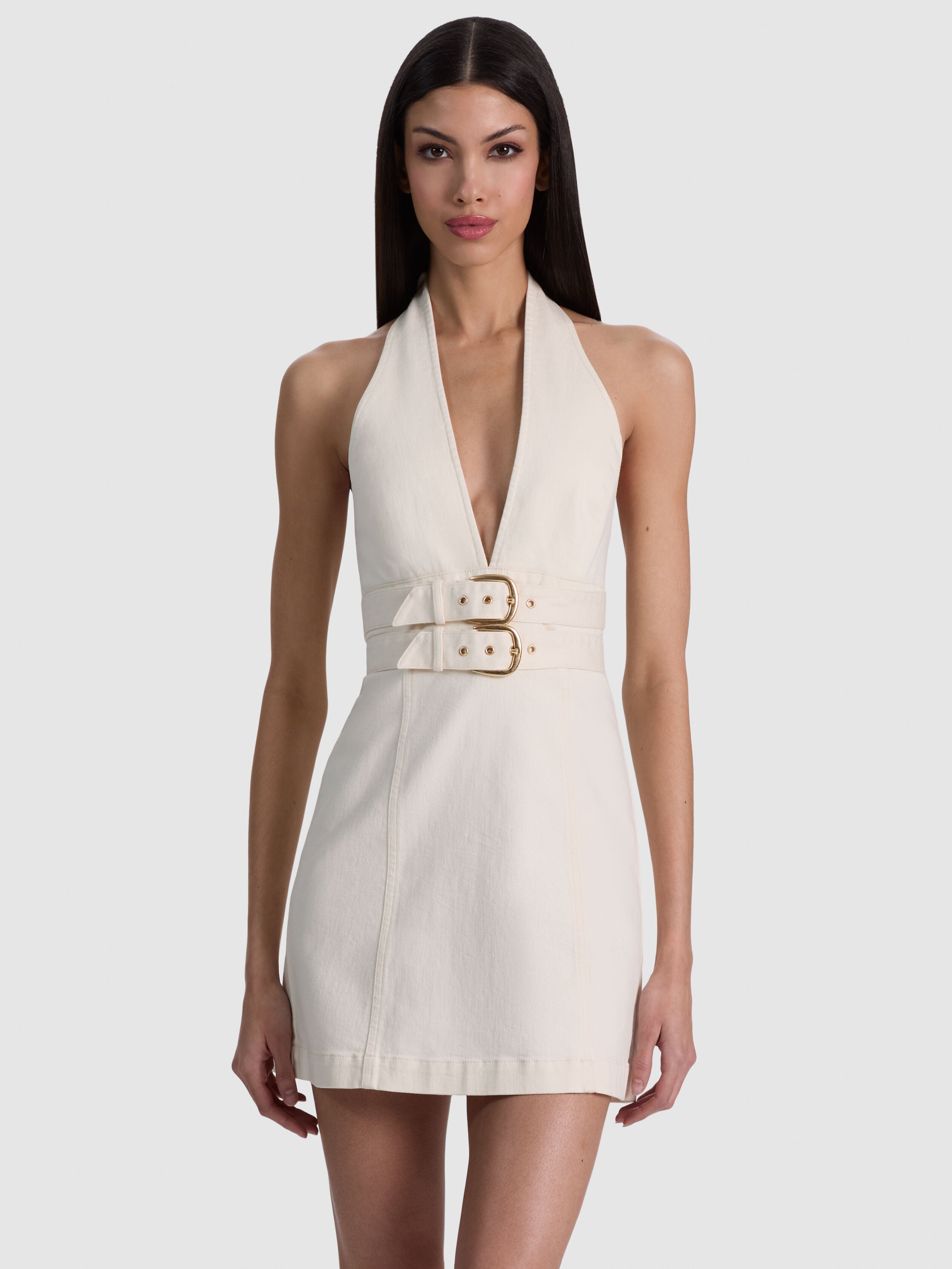 SOLANA BUCKLE DENIM HALTER MINI DRESS-OFF WHITE-ALICE + OLIVIA