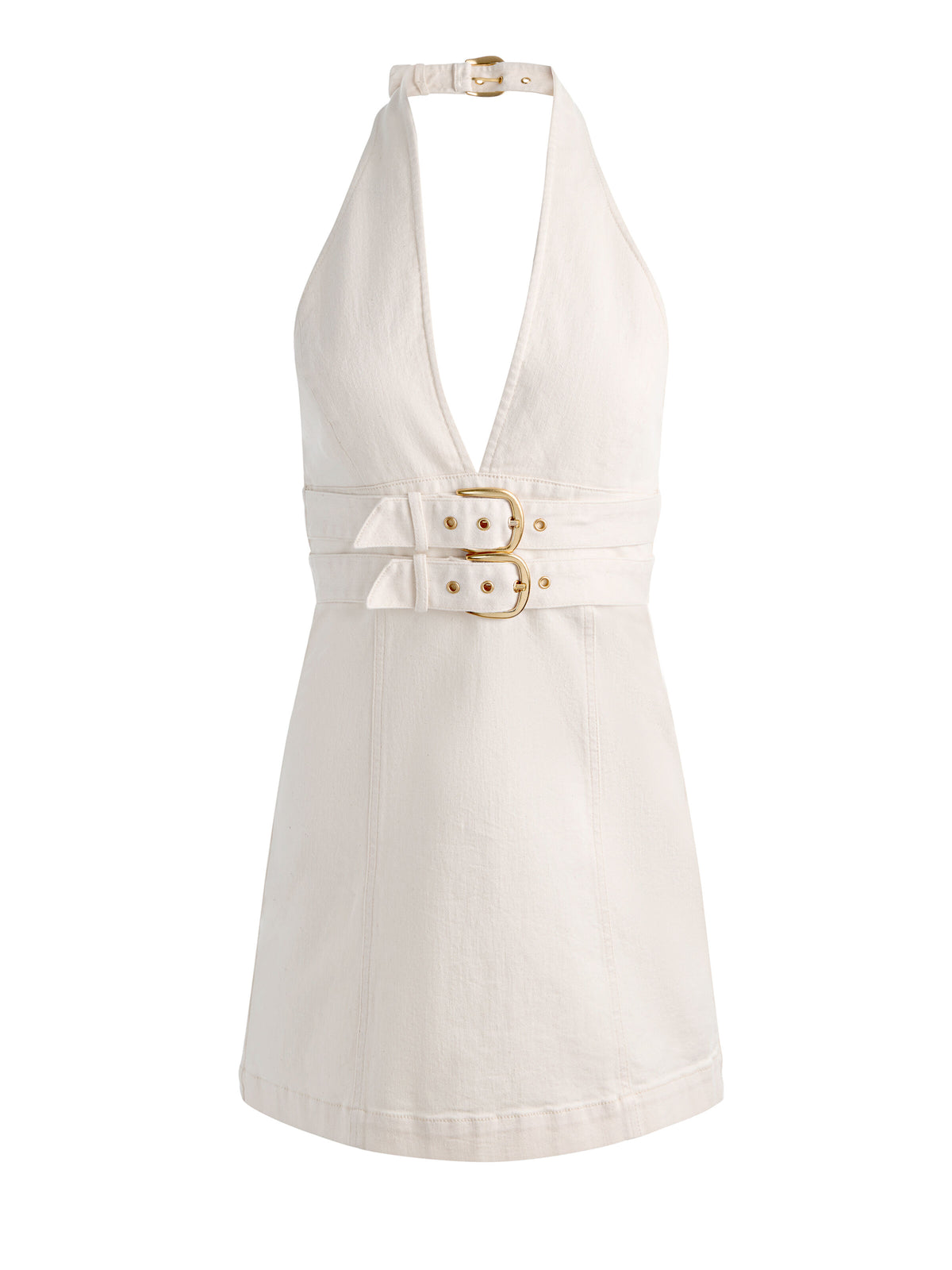 SOLANA BUCKLE DENIM HALTER MINI DRESS - OFF WHITE