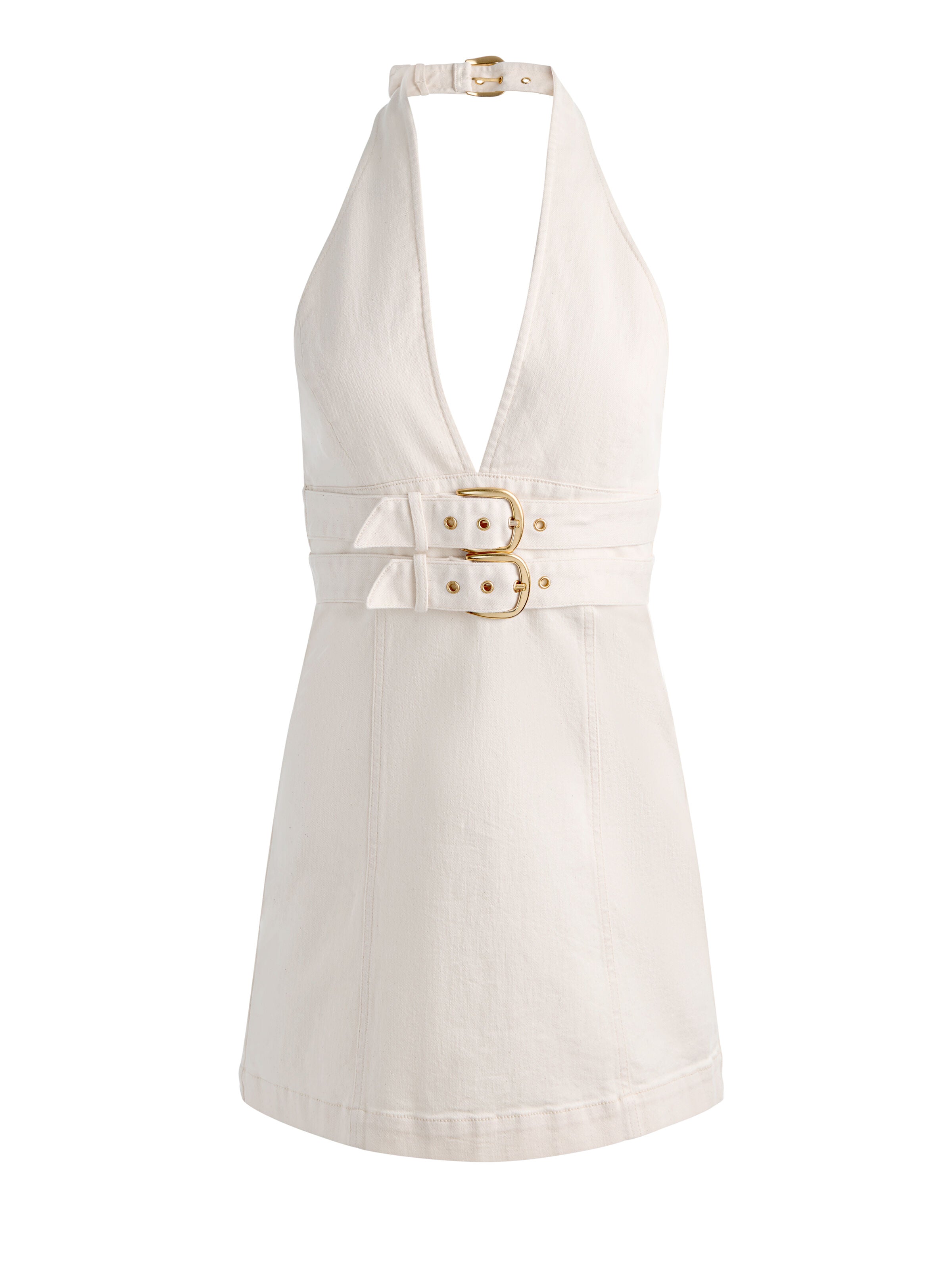 SOLANA BUCKLE DENIM HALTER MINI DRESS-OFF WHITE-ALICE + OLIVIA
