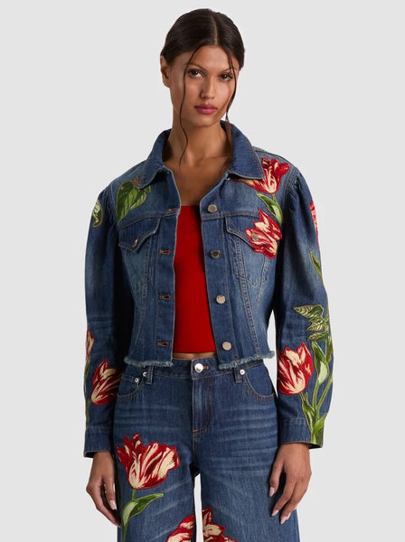 ELIJAH EMBROIDERED DENIM JACKET in FREYJA BLUE/SOFT TULIP | ALICE ELIJAH EMBROIDERED DENIM JACKET in FREYJA BLUE/SOFT TULIP | ALICE
