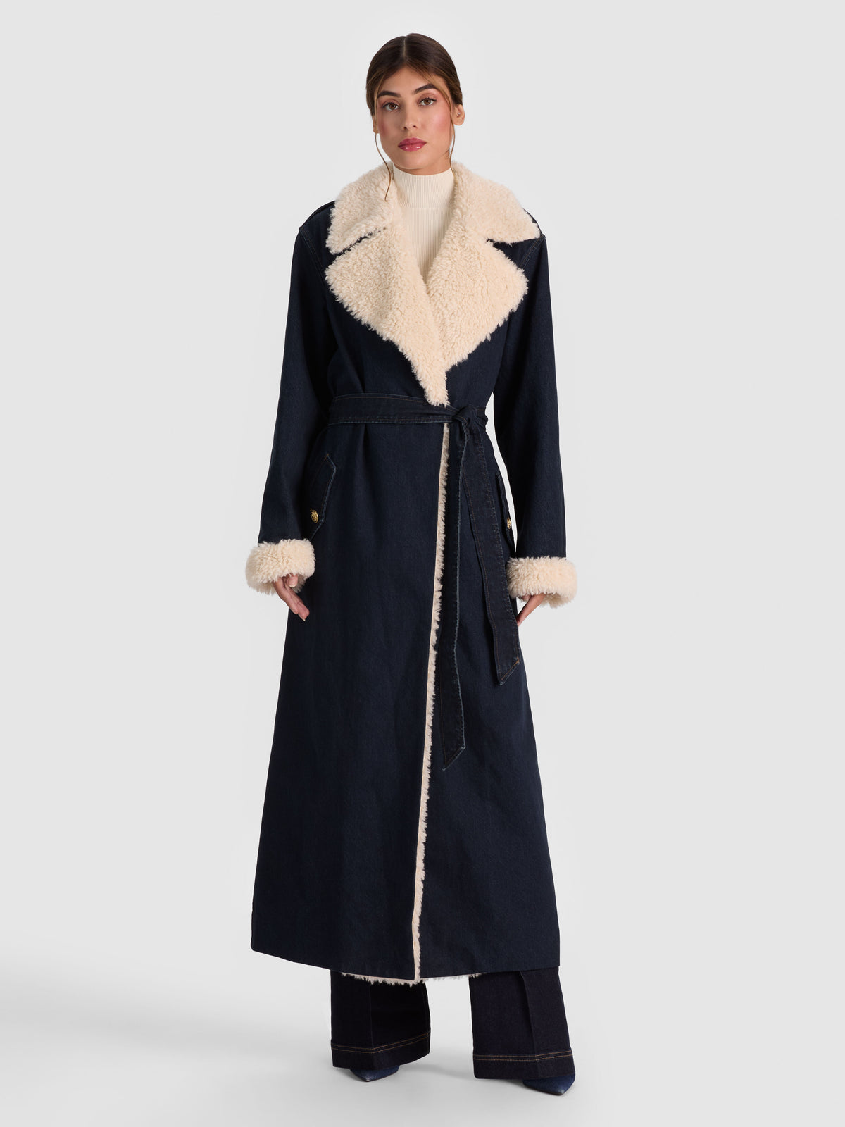 NEVADA FAUX SHEARLING DENIM TRENCH COAT - DARK RINSE/CHINO