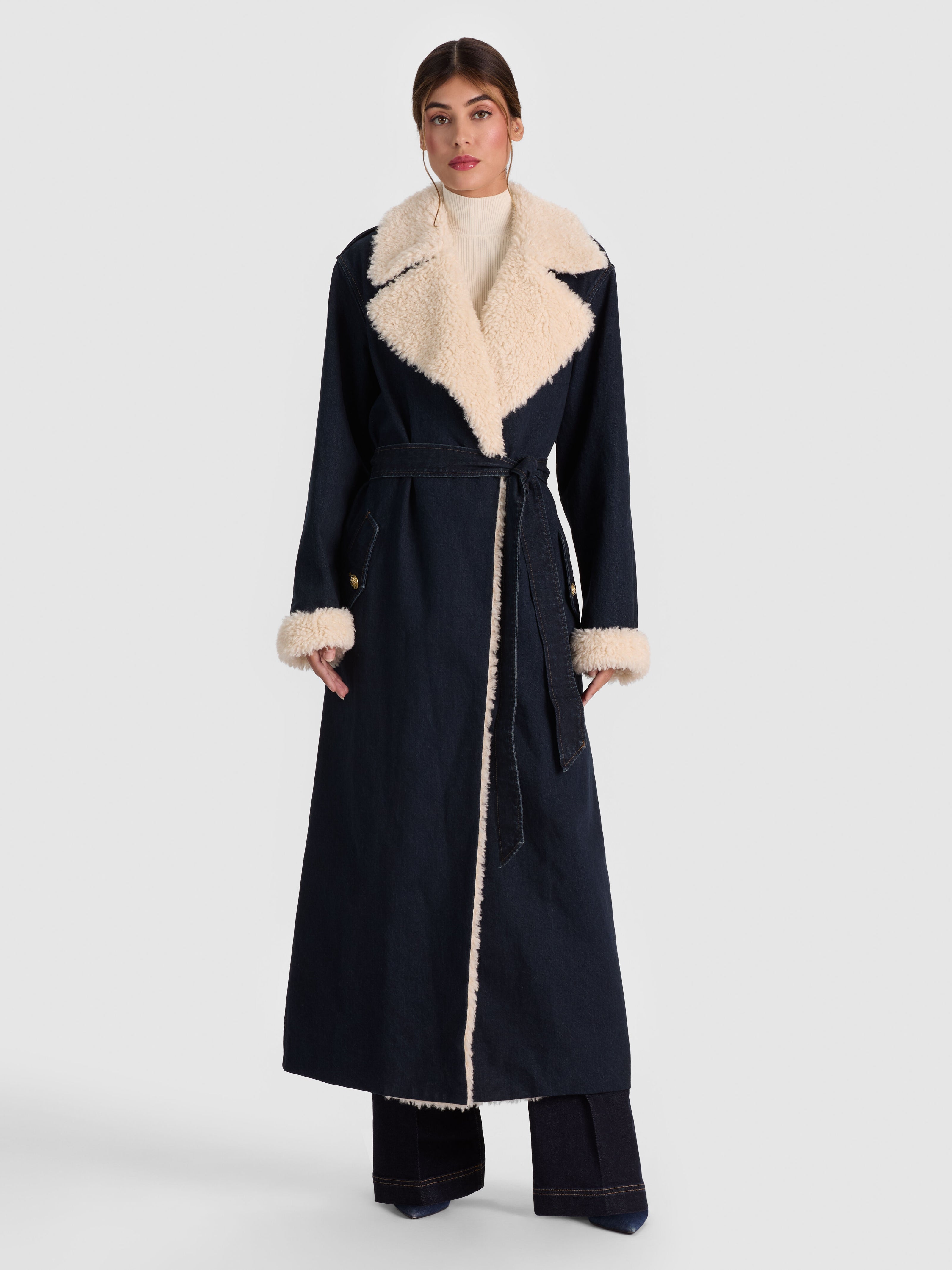 NEVADA FAUX SHEARLING DENIM TRENCH COAT-DARK RINSE/CHINO-ALICE + OLIVIA