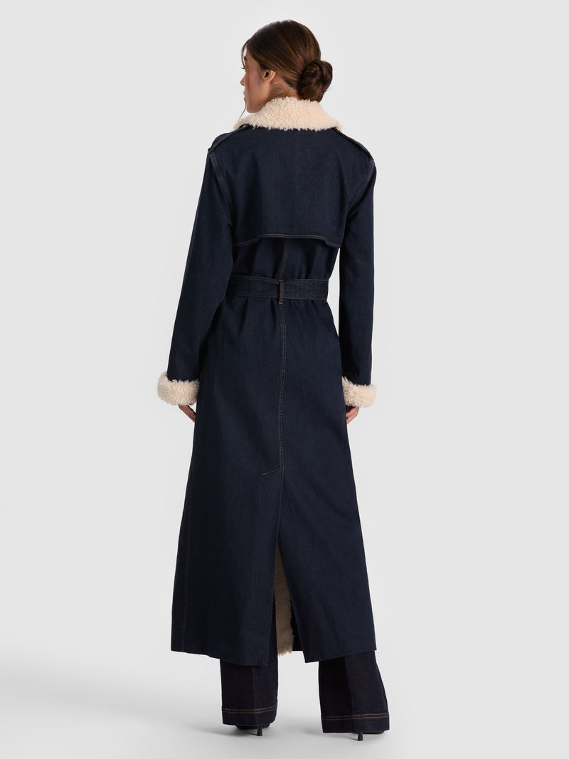 Nevada Faux Shearling Denim Trench Coat