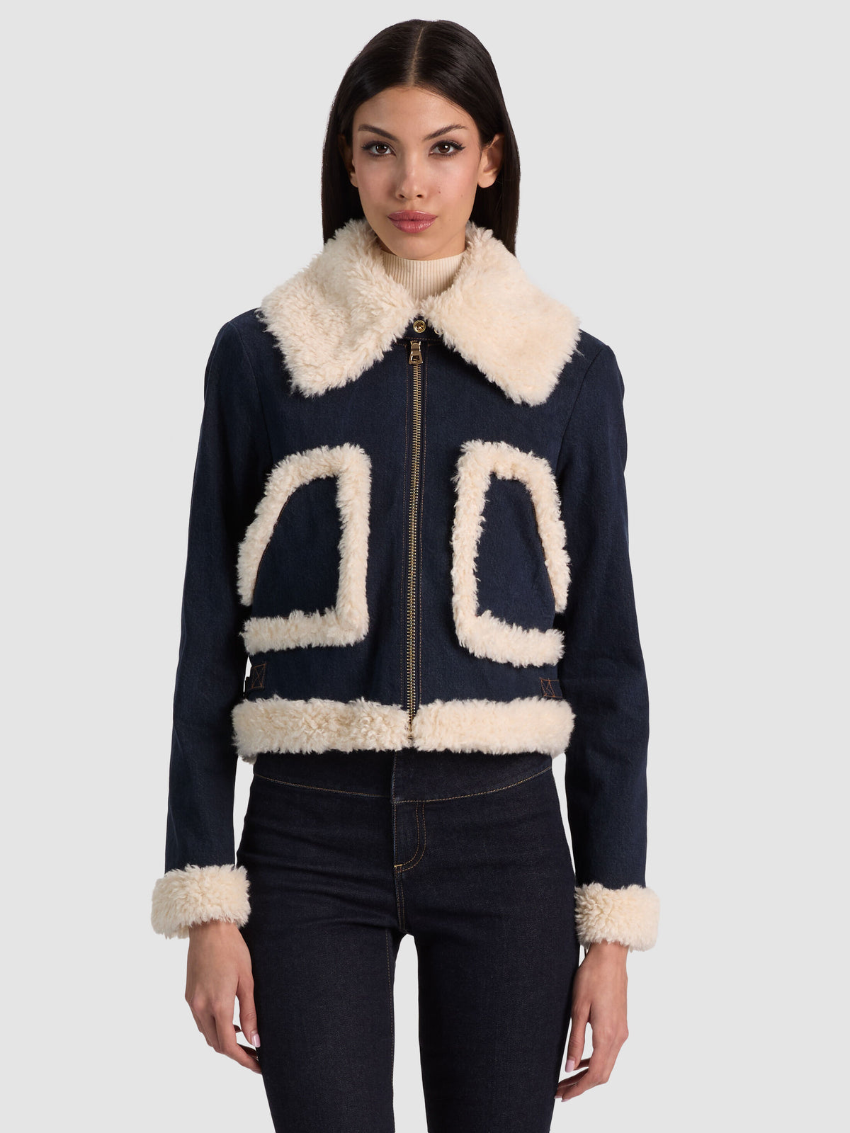 ISAIAH FAUX SHEARLING DENIM AVIATOR JACKET - DARK RINSE/CHINO