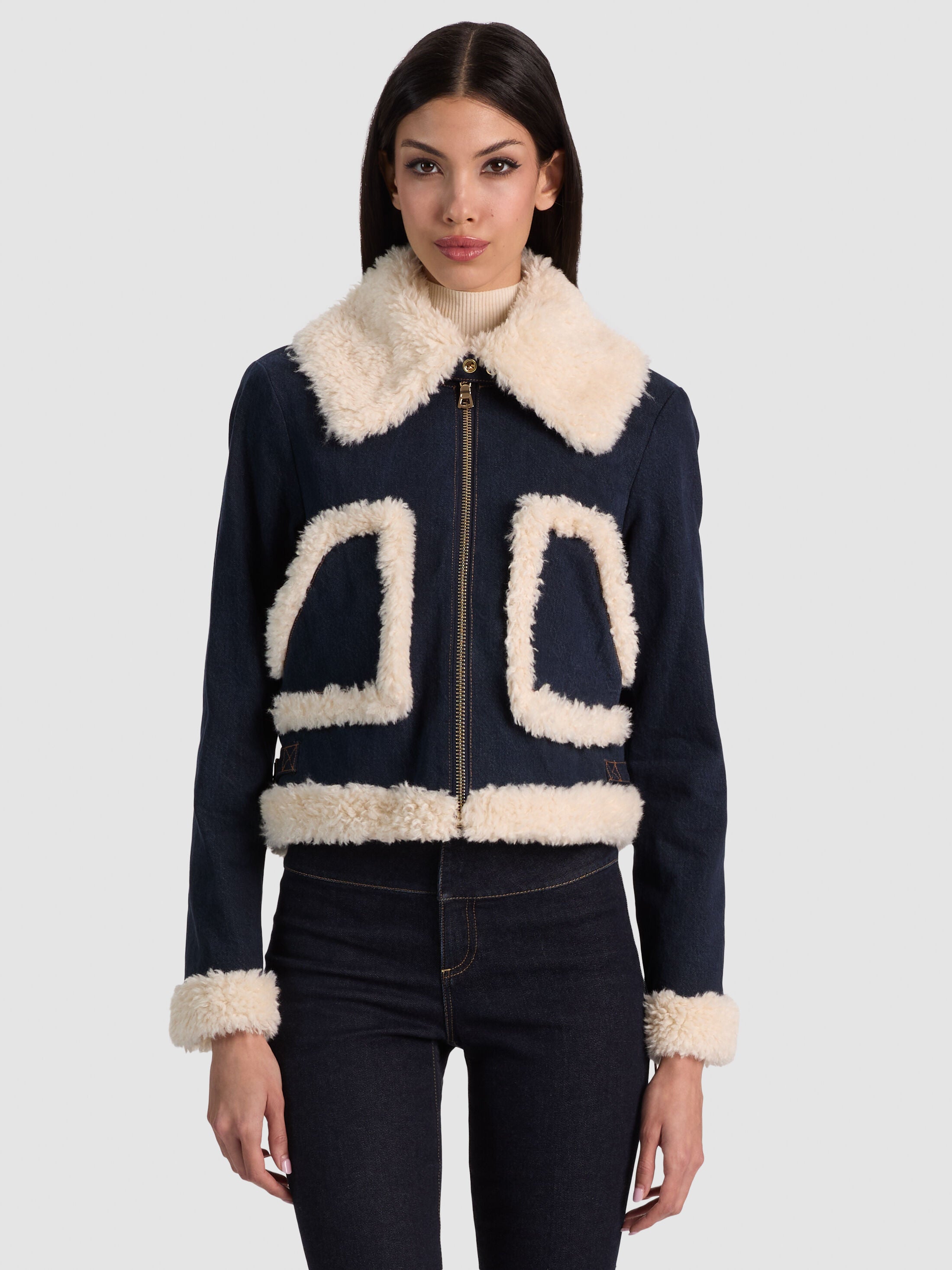 ISAIAH FAUX SHEARLING DENIM AVIATOR JACKET-DARK RINSE/CHINO-ALICE + OLIVIA
