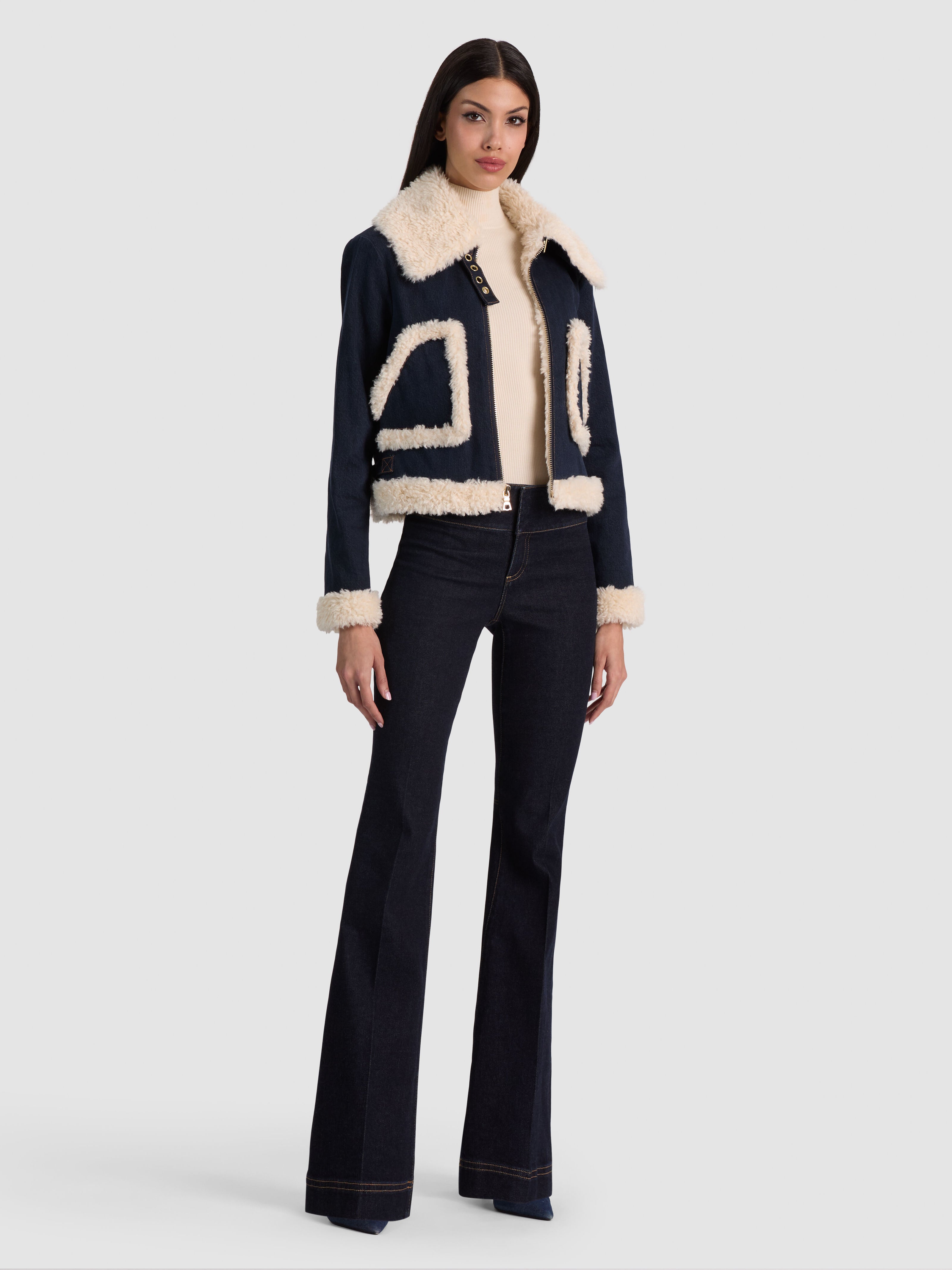 GIACCA BOMBER ISAIAH IN DENIM CON PELLICCIA SINTETICA-ALICE + OLIVIA