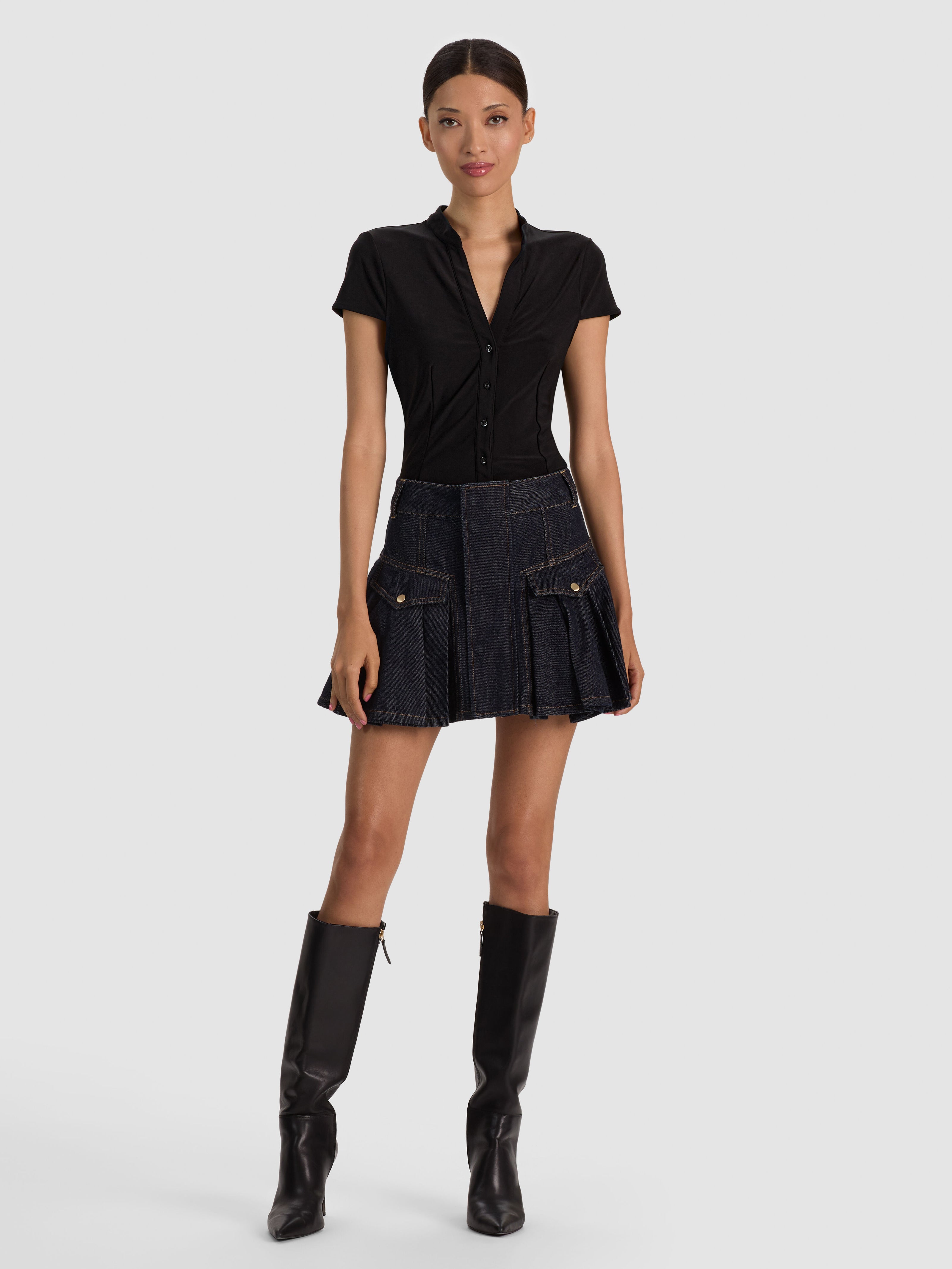 TRINITY DENIM RUFFLE SKIRT-DARK RINSE-ALICE + OLIVIA