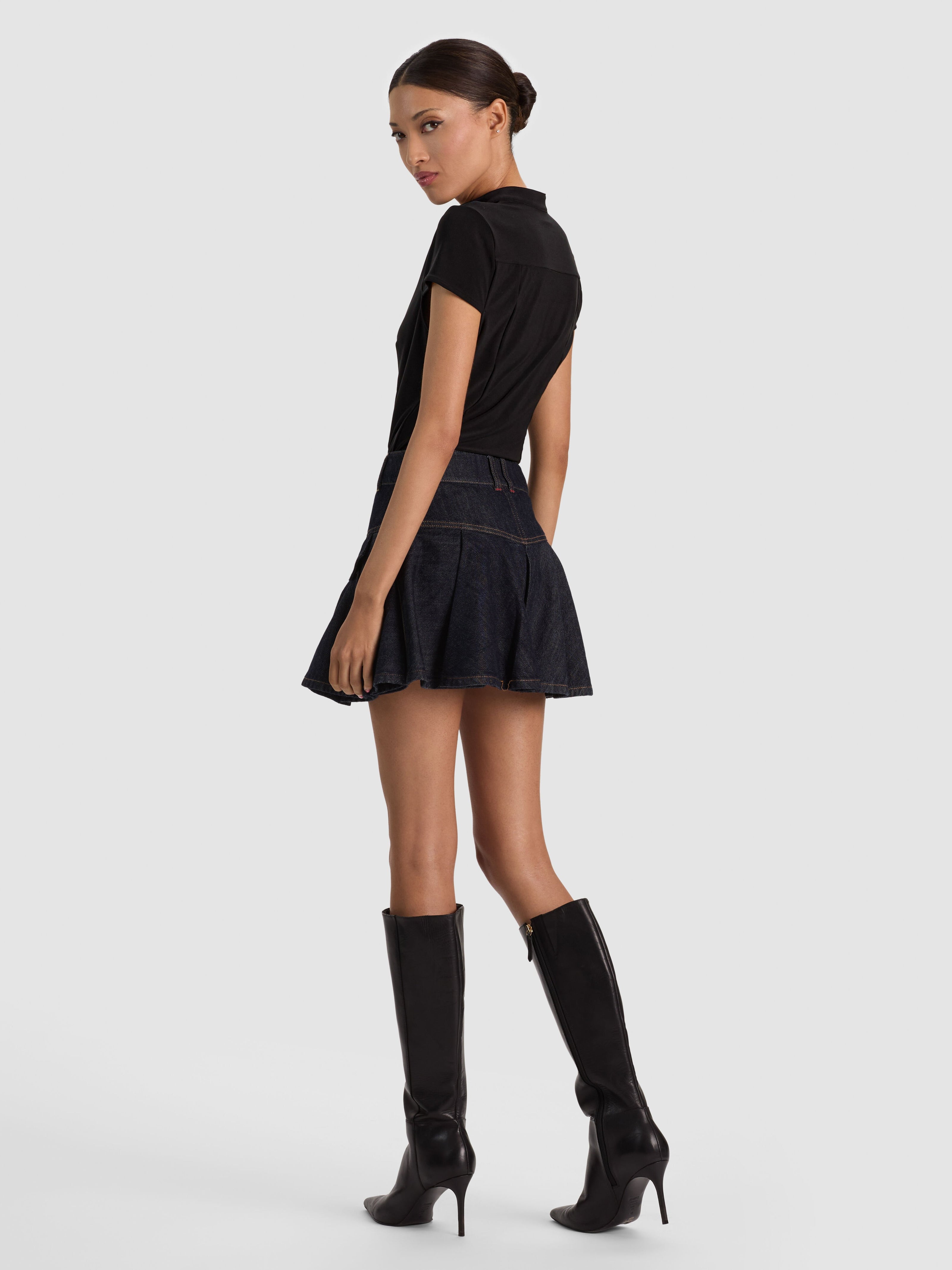TRINITY DENIM RUFFLE SKIRT-DARK RINSE-ALICE + OLIVIA