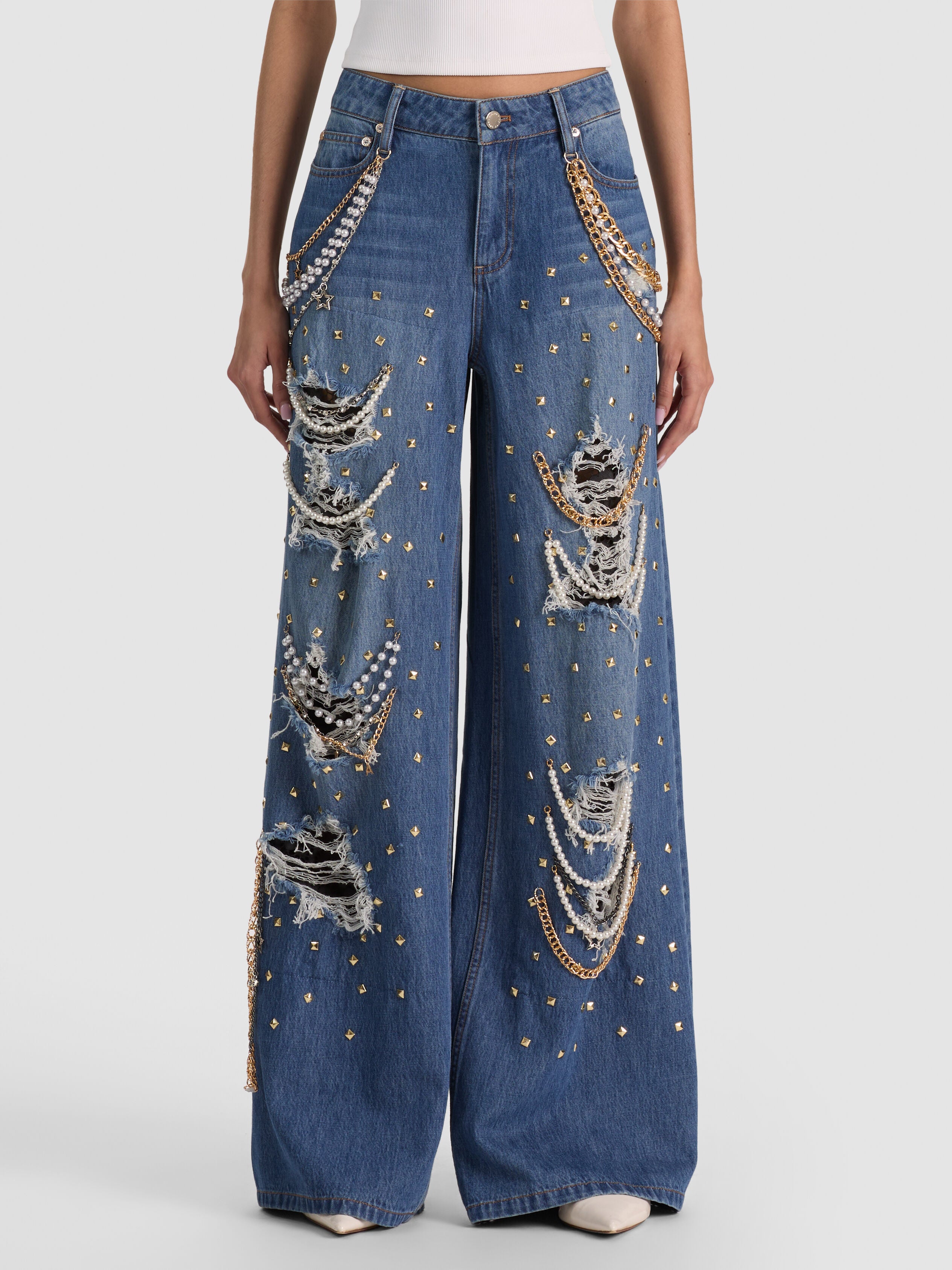 HARPER EMBELLISHED RIPPED JEAN-GEORGETTA VINTAGE BLUE-ALICE + OLIVIA