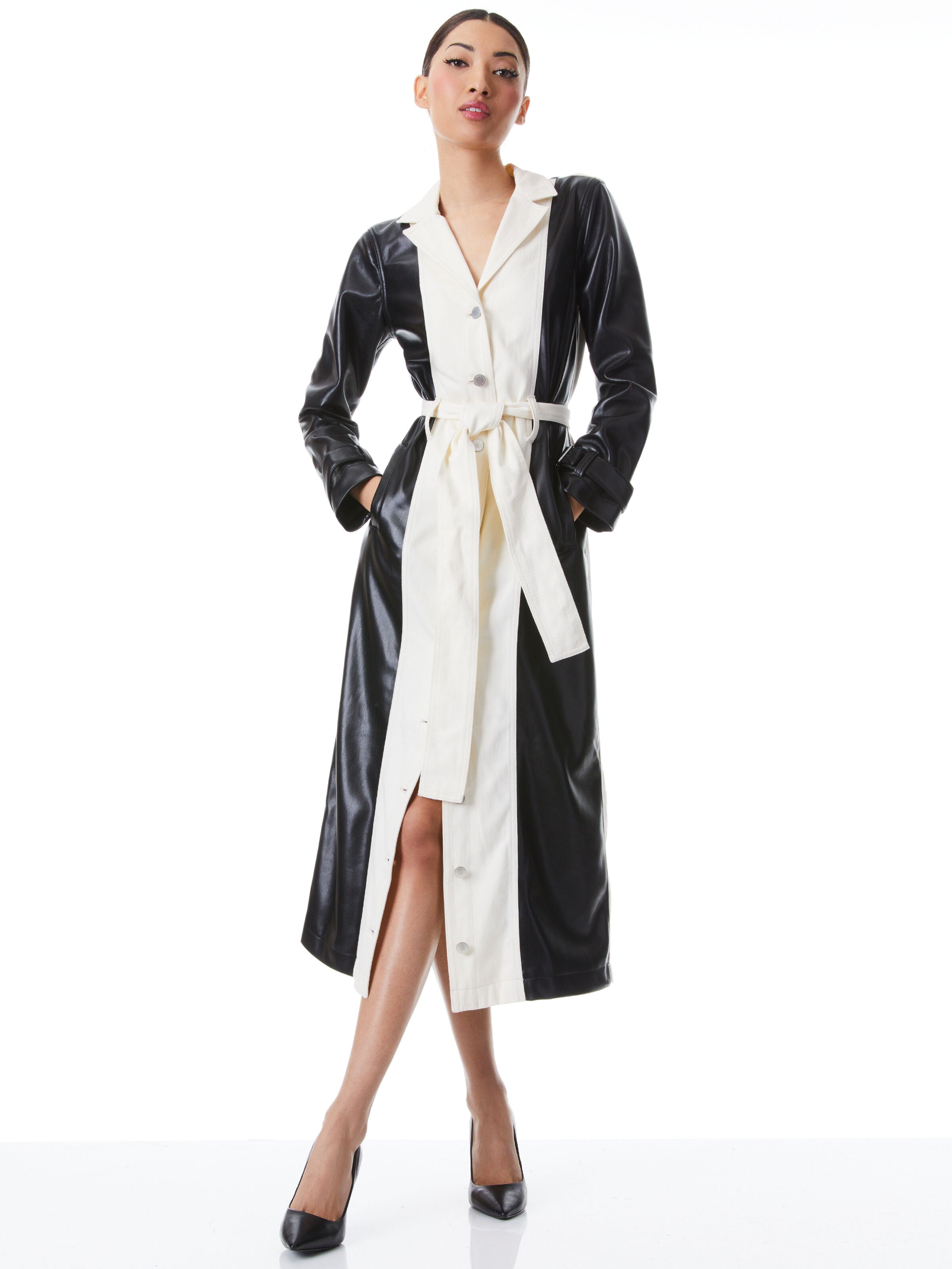 DAREN VEGAN LEATHER COMBINATION MAXI COAT-BLACK/ECRU-ALICE + OLIVIA