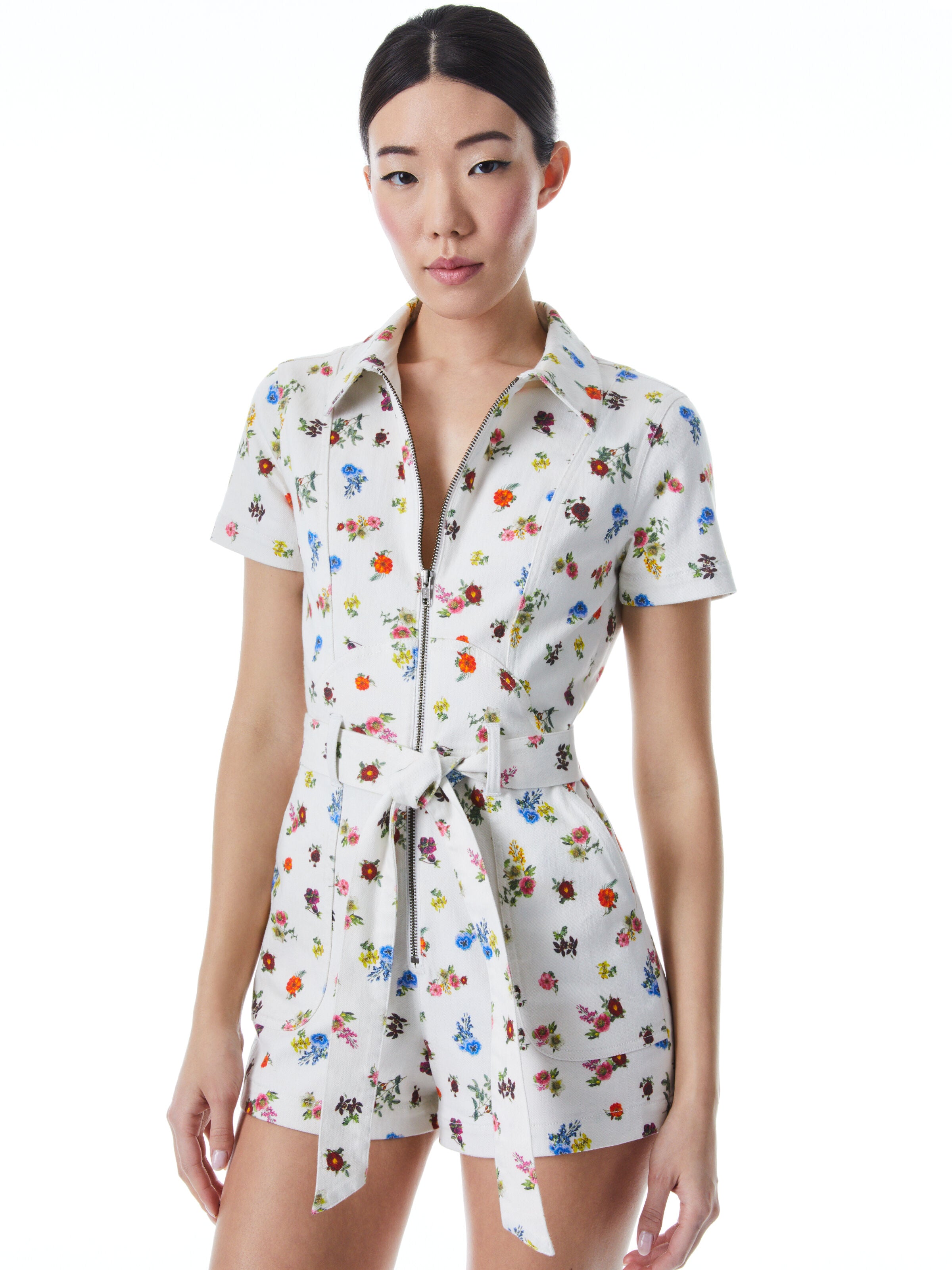 GORGEOUS DENIM ROMPER WITH TIE BELT