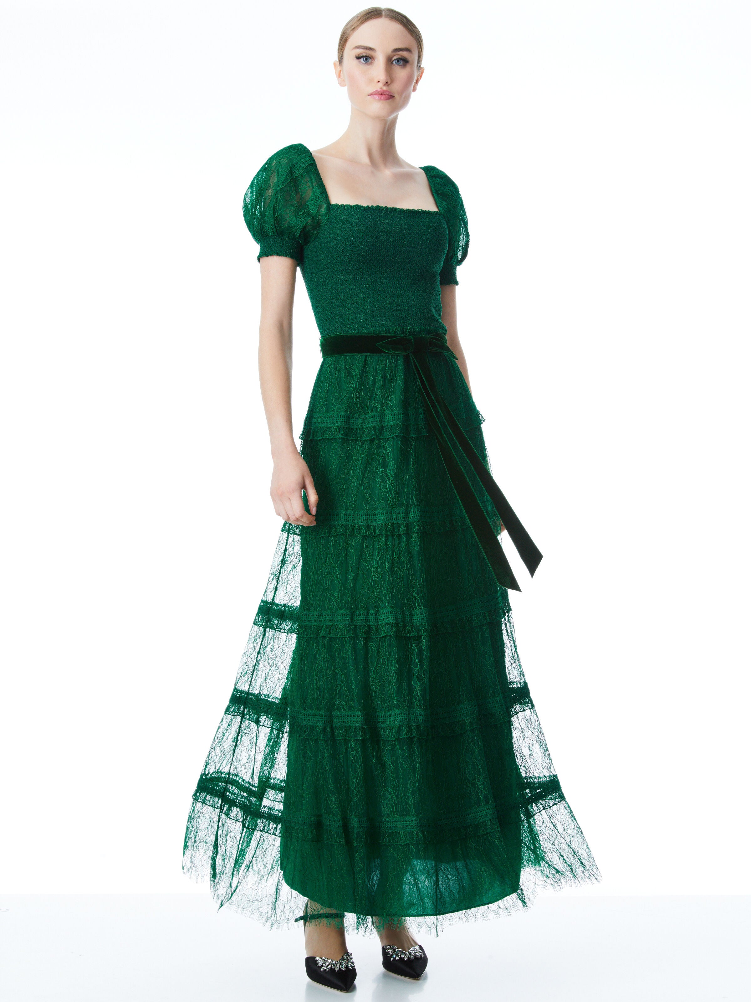 GIA PUFF SLEEVE LACE MAXI DRESS-DEEP EMERALD-ALICE + OLIVIA