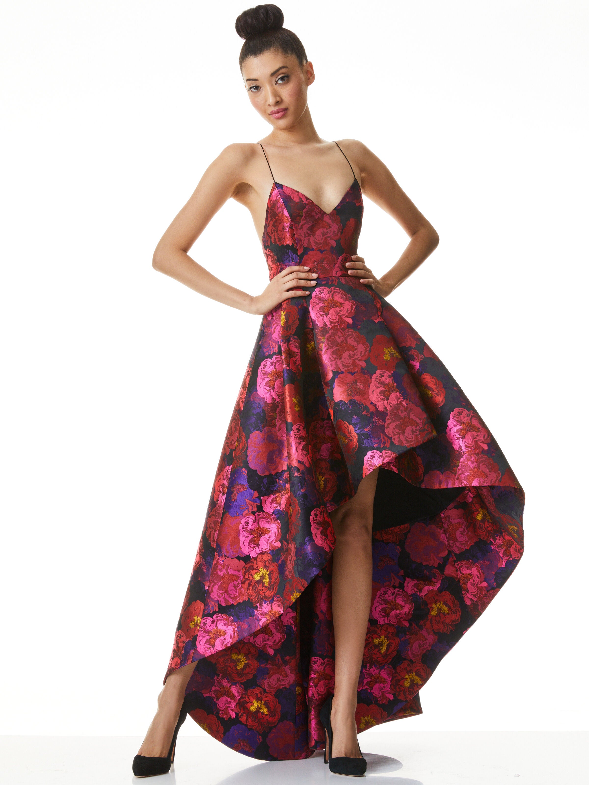 JOSS FLORAL HIGH LOW GOWN-BLACK/MULTI-ALICE + OLIVIA