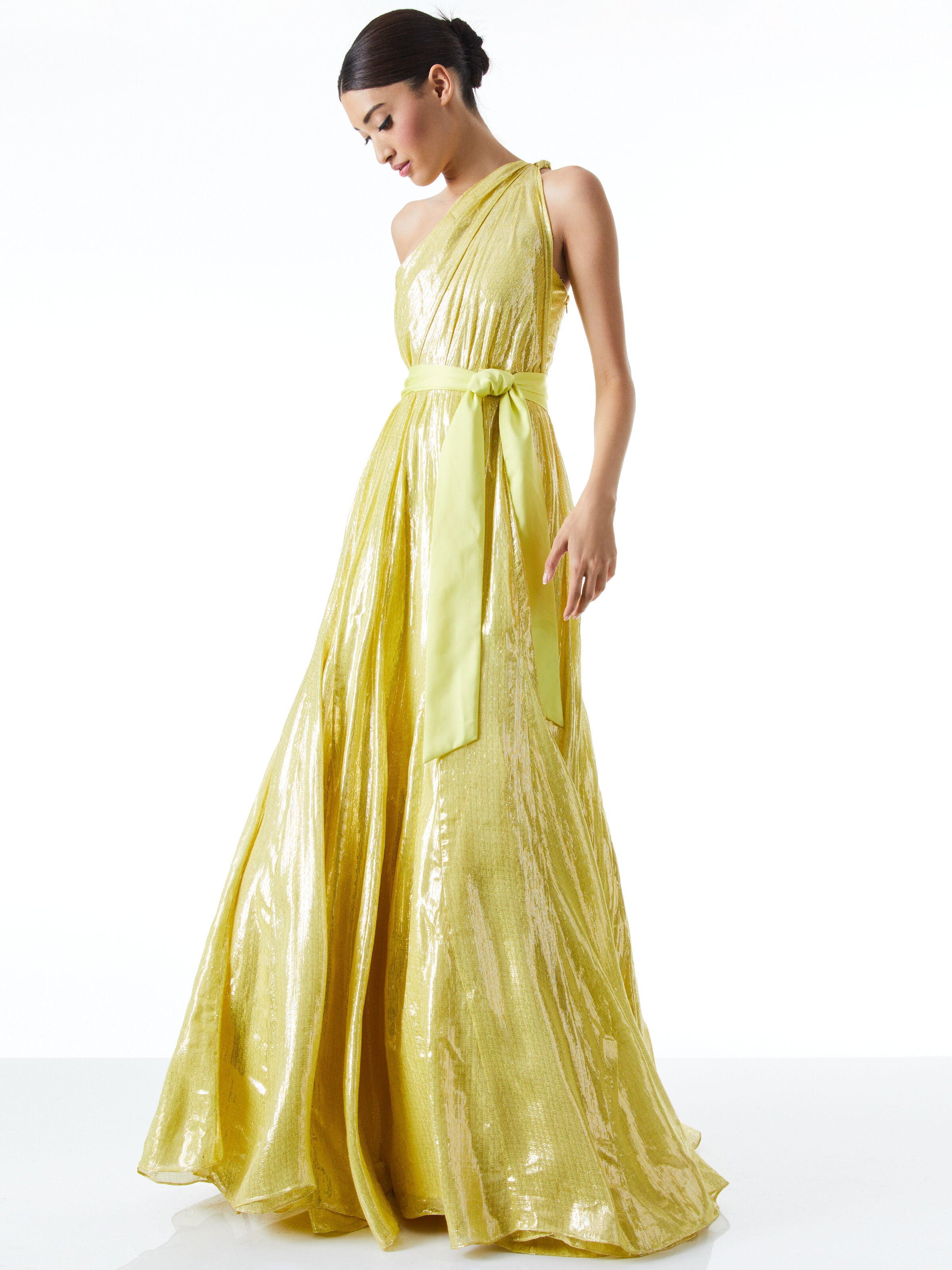 MILAN ONE SHOULDER GOWN WITH WAIST BOW-LEMON SORBET-ALICE + OLIVIA