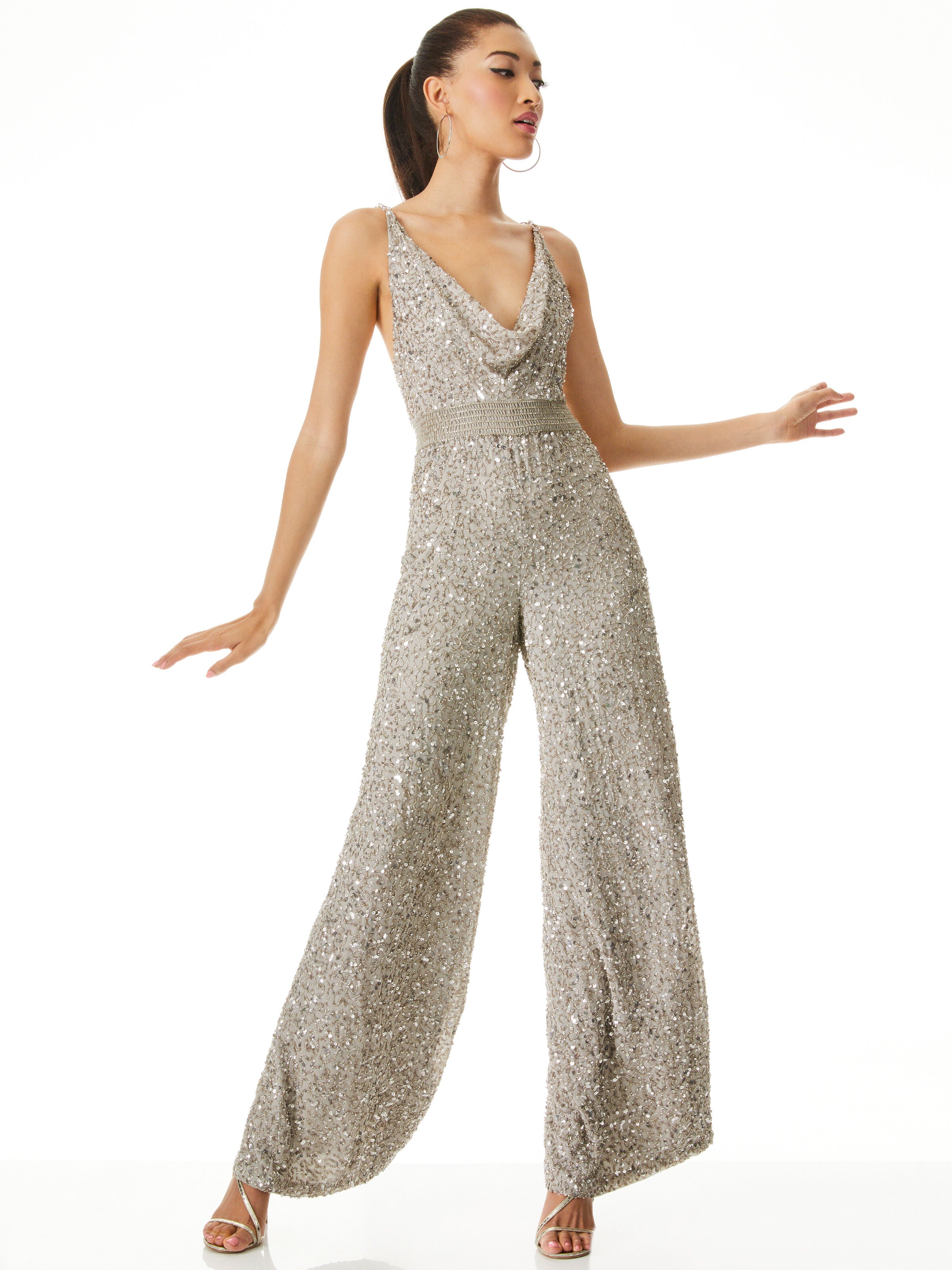 RISKA EMBELLISHED COWL NECK CHAIN STRAP JUMPSUIT