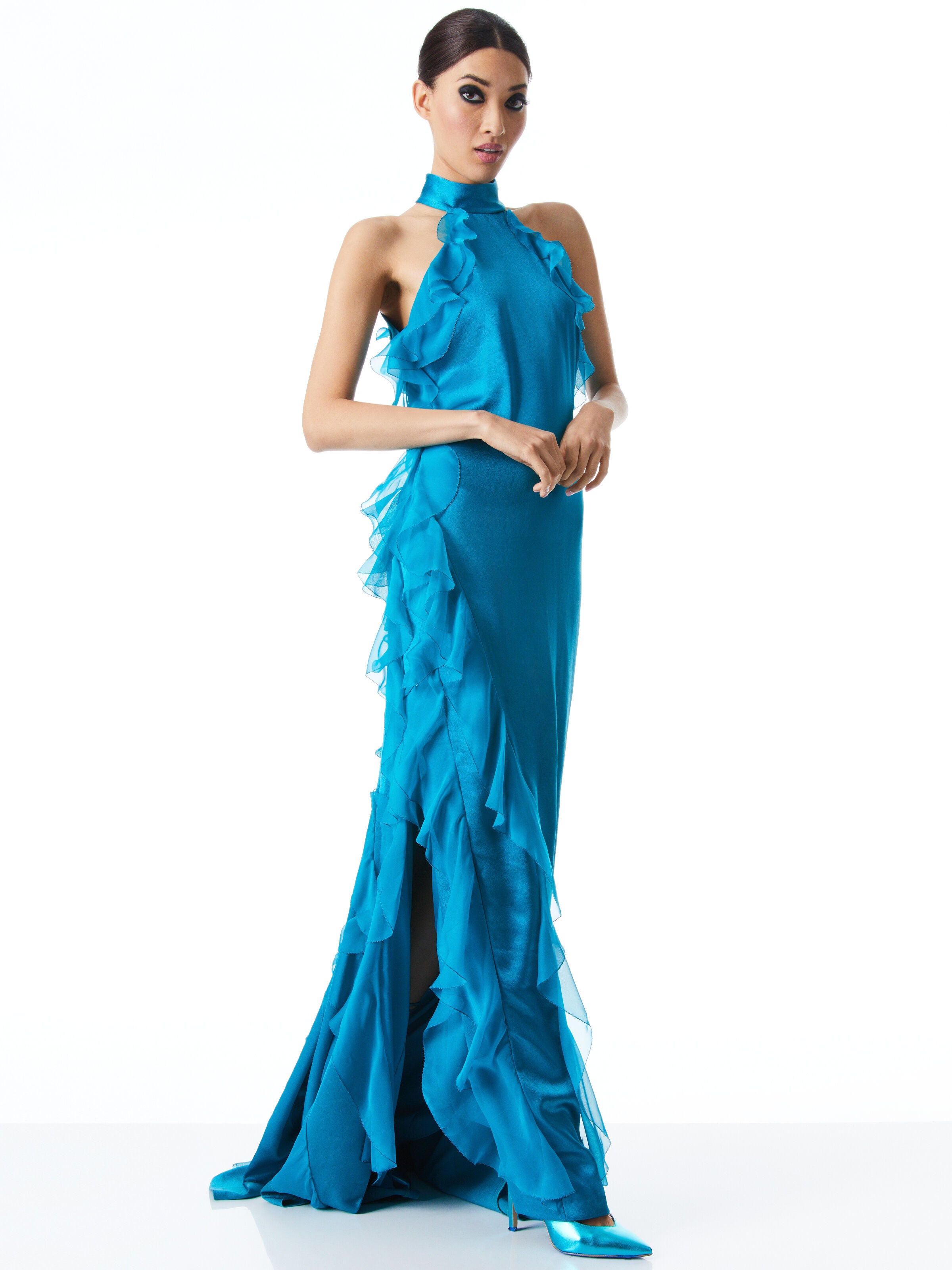 ABITO LUNGO AMARIS CON RUFFLE E SCOLLO ALL'AMERICANA-ALICE + OLIVIA