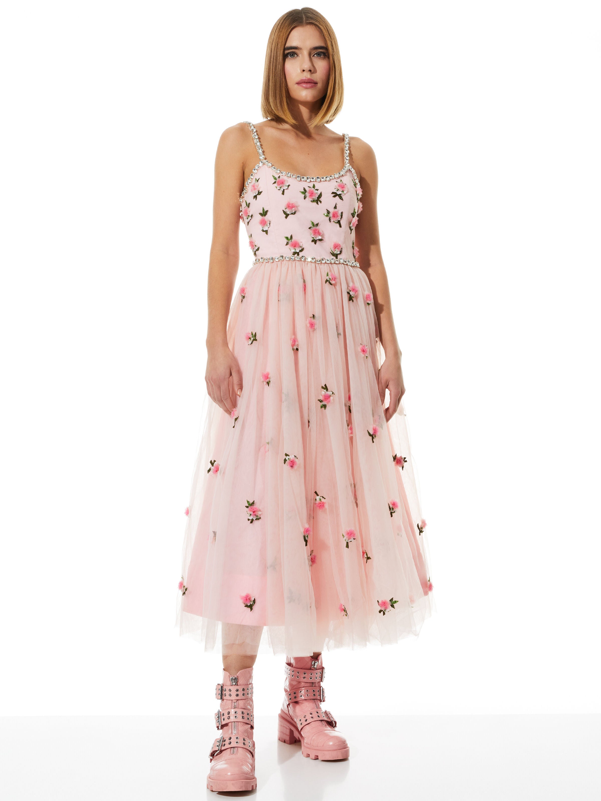 ABITO LUNGO LUPITA IN TULLE CON SPALLINE RICAMATE E CRISTALLI-ALICE + OLIVIA
