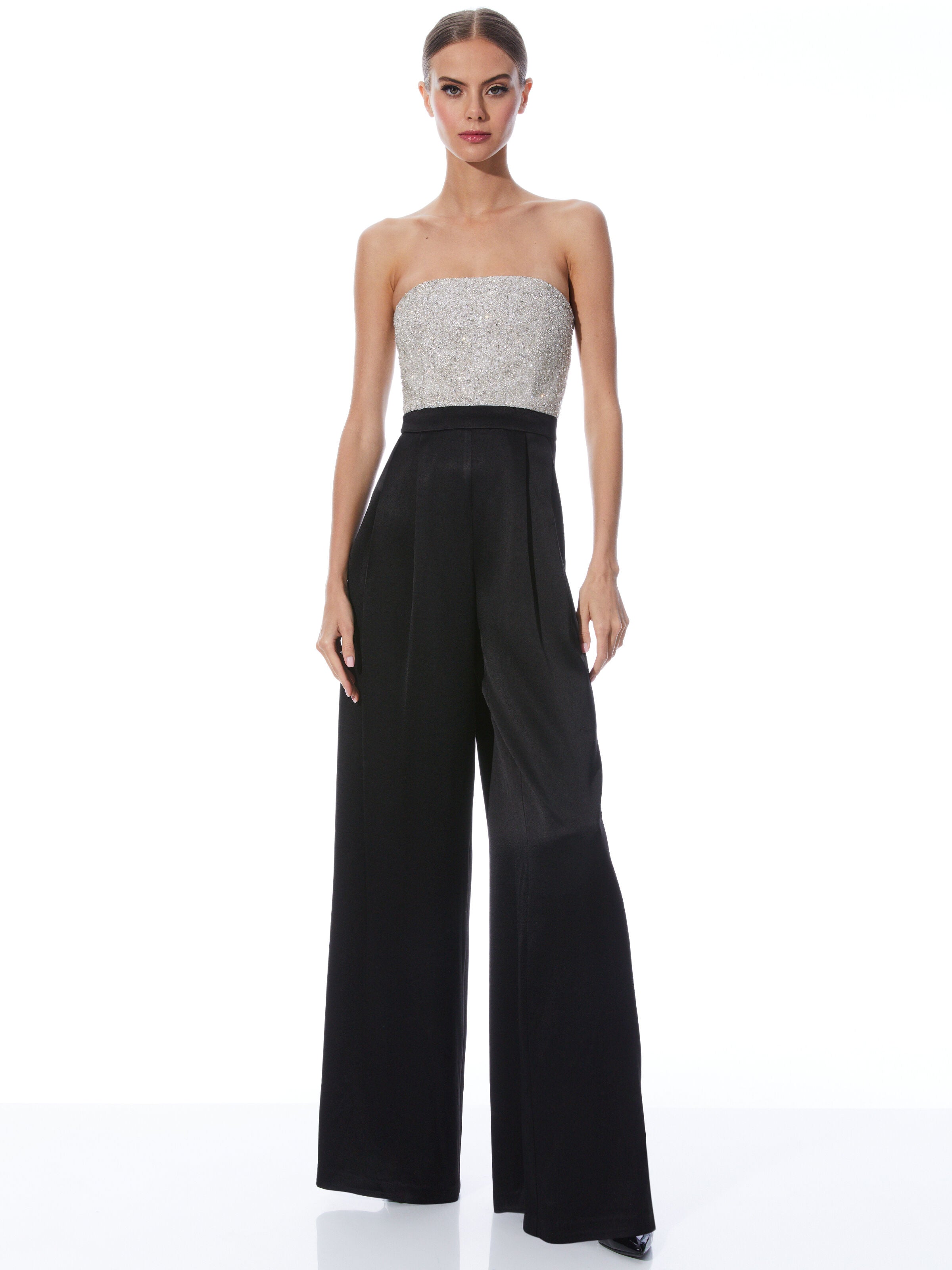 BERNA EMBELLISHED BUSTIER WIDE LEG JUMPSUIT-OFF WHITE/BLACK-ALICE + OLIVIA