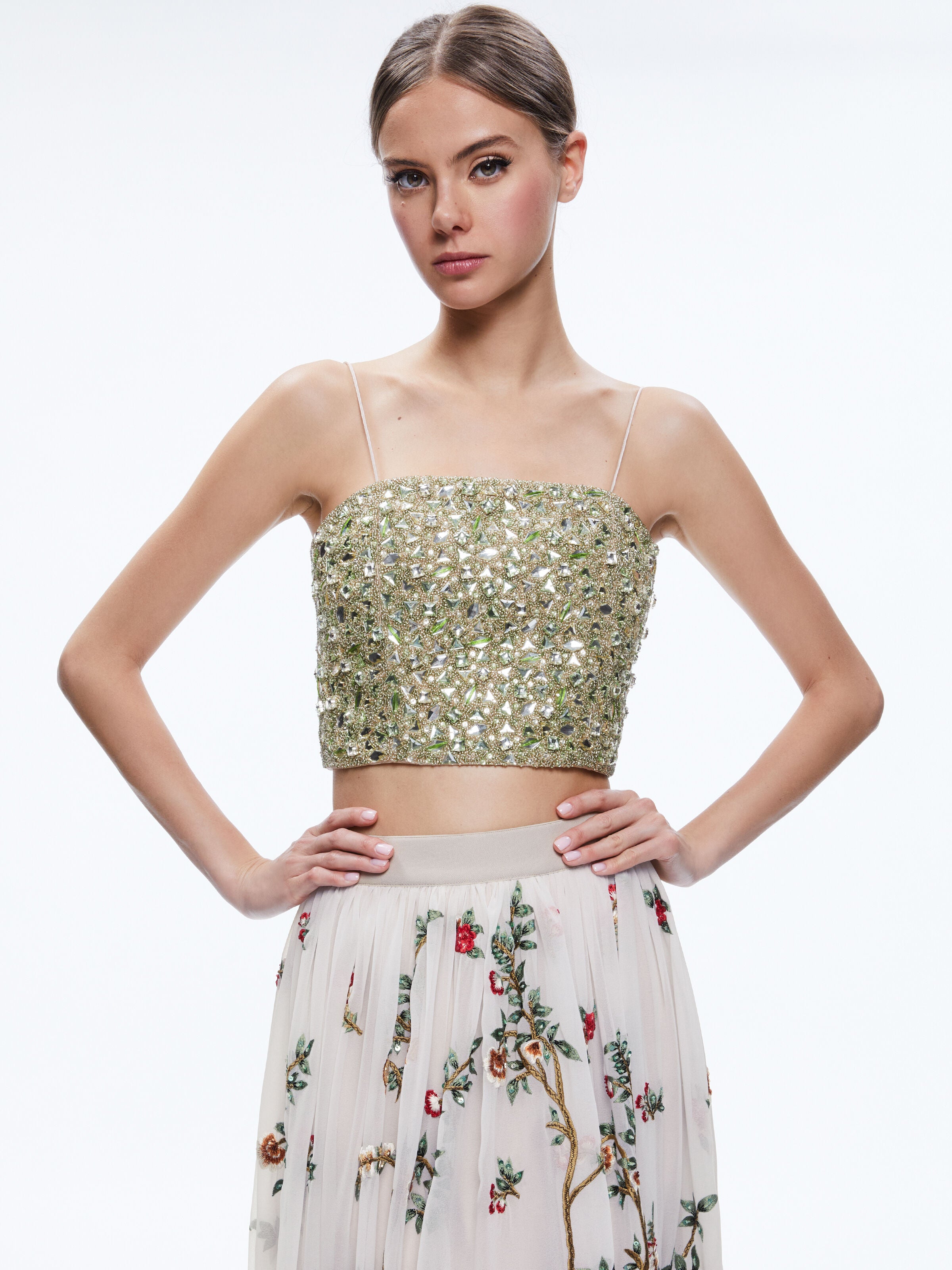 CERESI EMBELLISHED CROPPED BANDEAU TOP-CHAMPAGNE/MULTI-ALICE + OLIVIA
