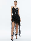 ROBE LONGUE MAXI À VOLANTS ASYMÉTRIQUE À SEQUINS NELIA-ALICE + OLIVIA