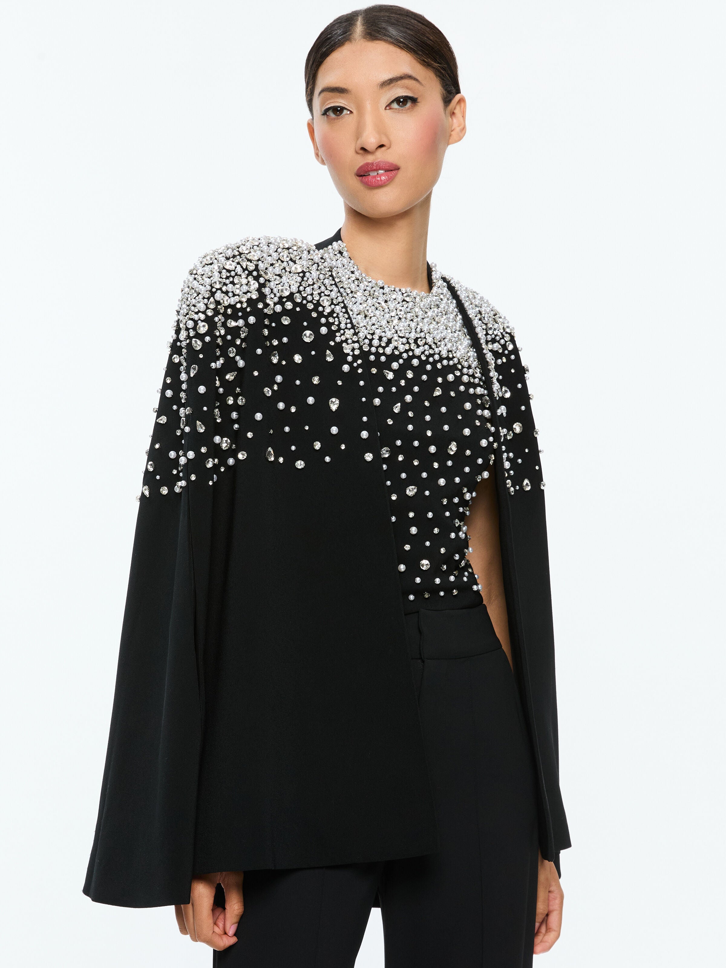 KIESHA EMBELLISHED CAPE-BLACK/SILVER-ALICE + OLIVIA