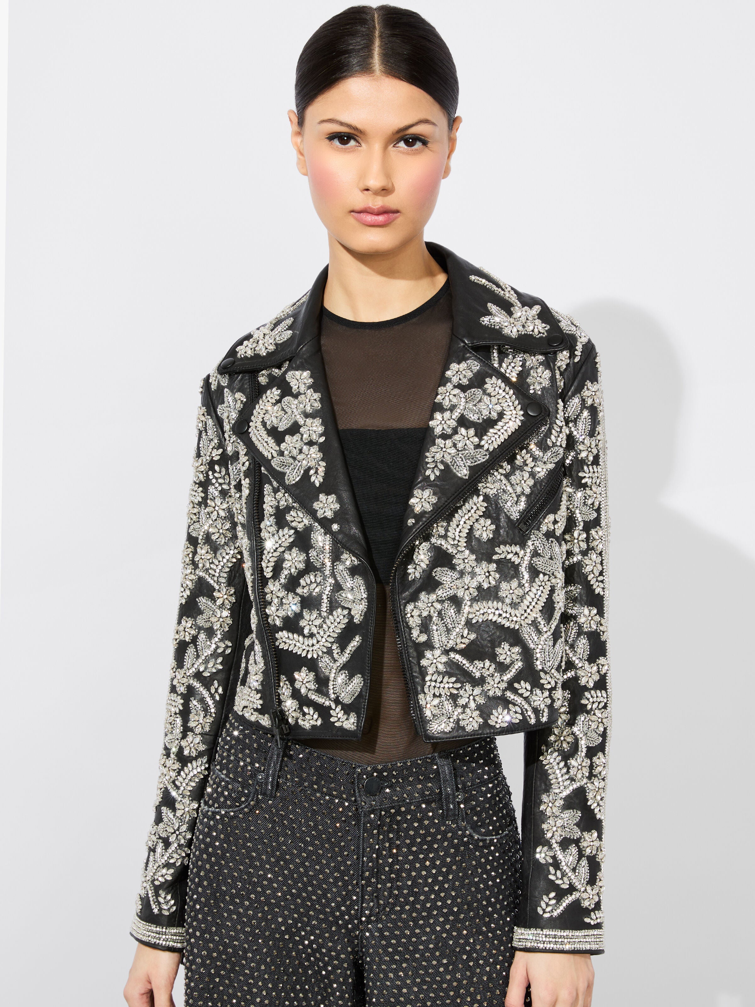 CODY EMBELLISHED LEATHER JACKET-BLACK/SILVER-ALICE + OLIVIA