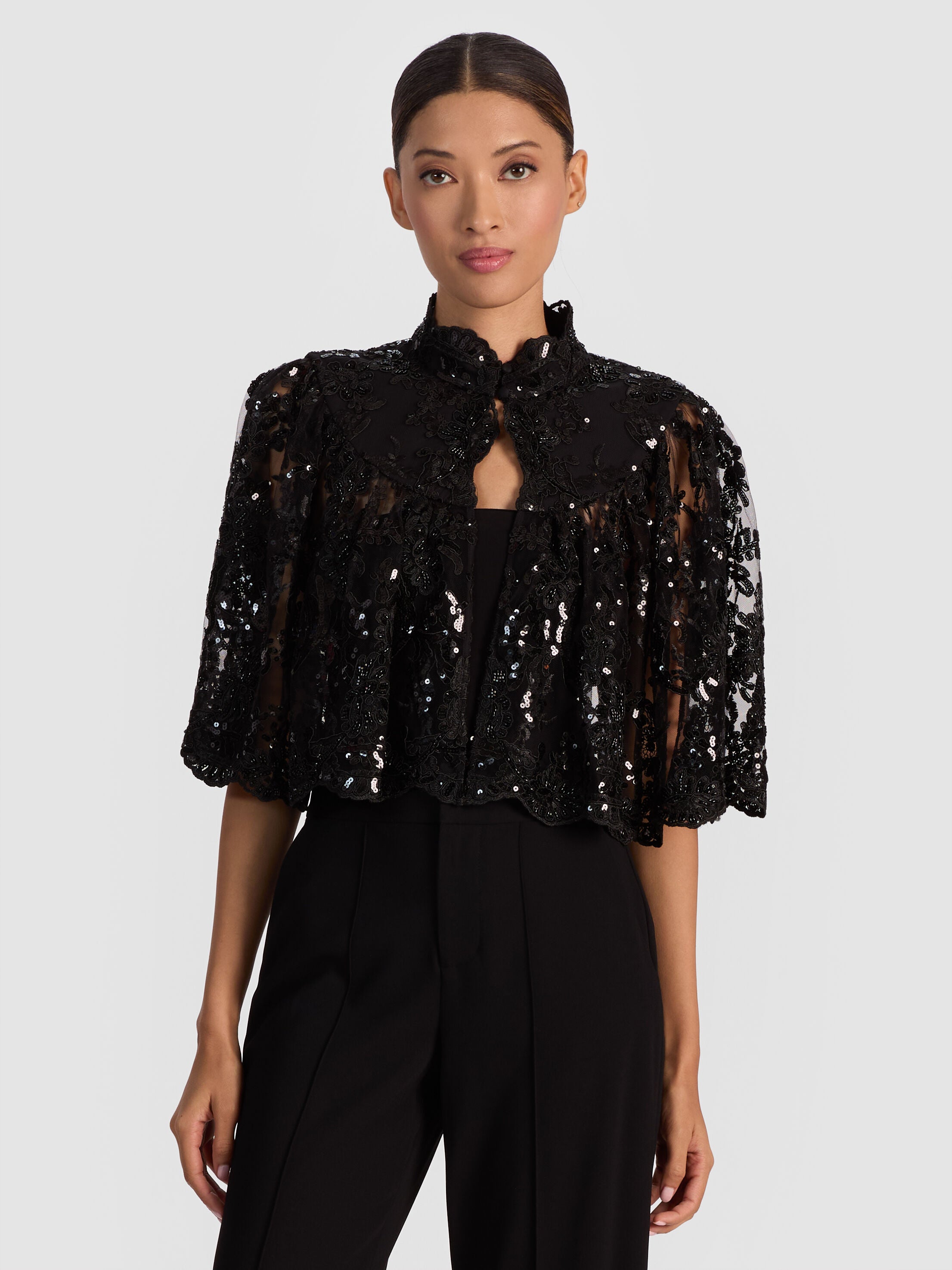 AURELIA EMBELLISHED LACE CAPELET-Black-ALICE + OLIVIA