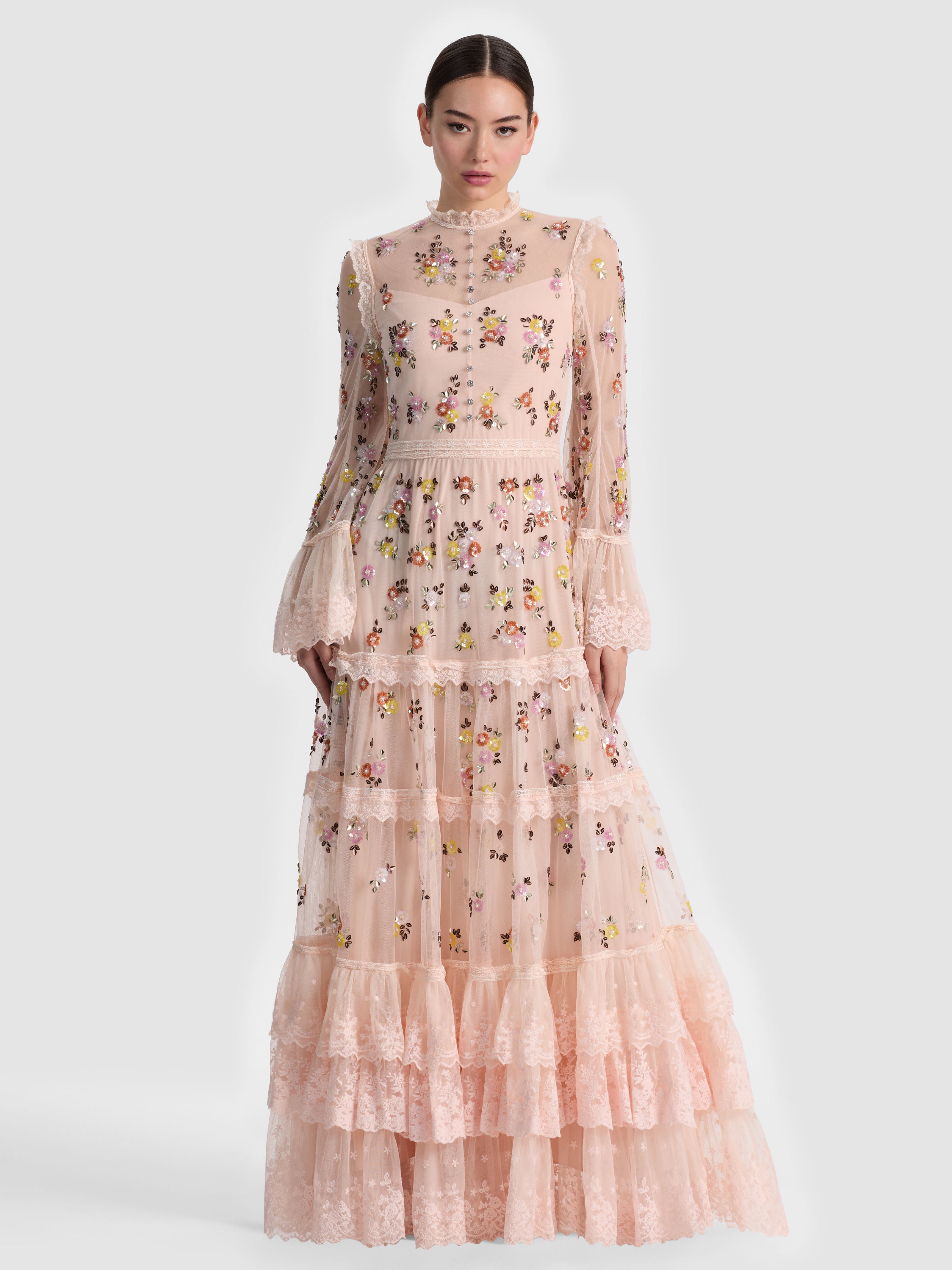 ALLEGRA EMBELLISHED LACE MAXI GOWN-PALE PINK-ALICE + OLIVIA
