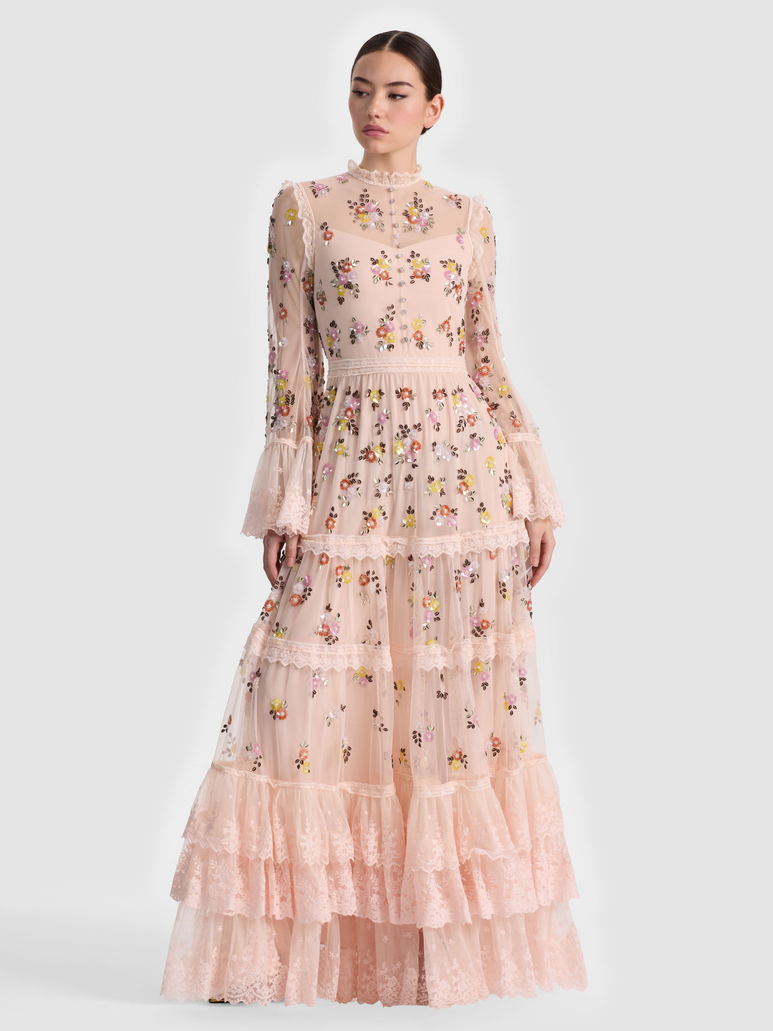 ALLEGRA EMBELLISHED LACE MAXI GOWN-PALE PINK-ALICE + OLIVIA