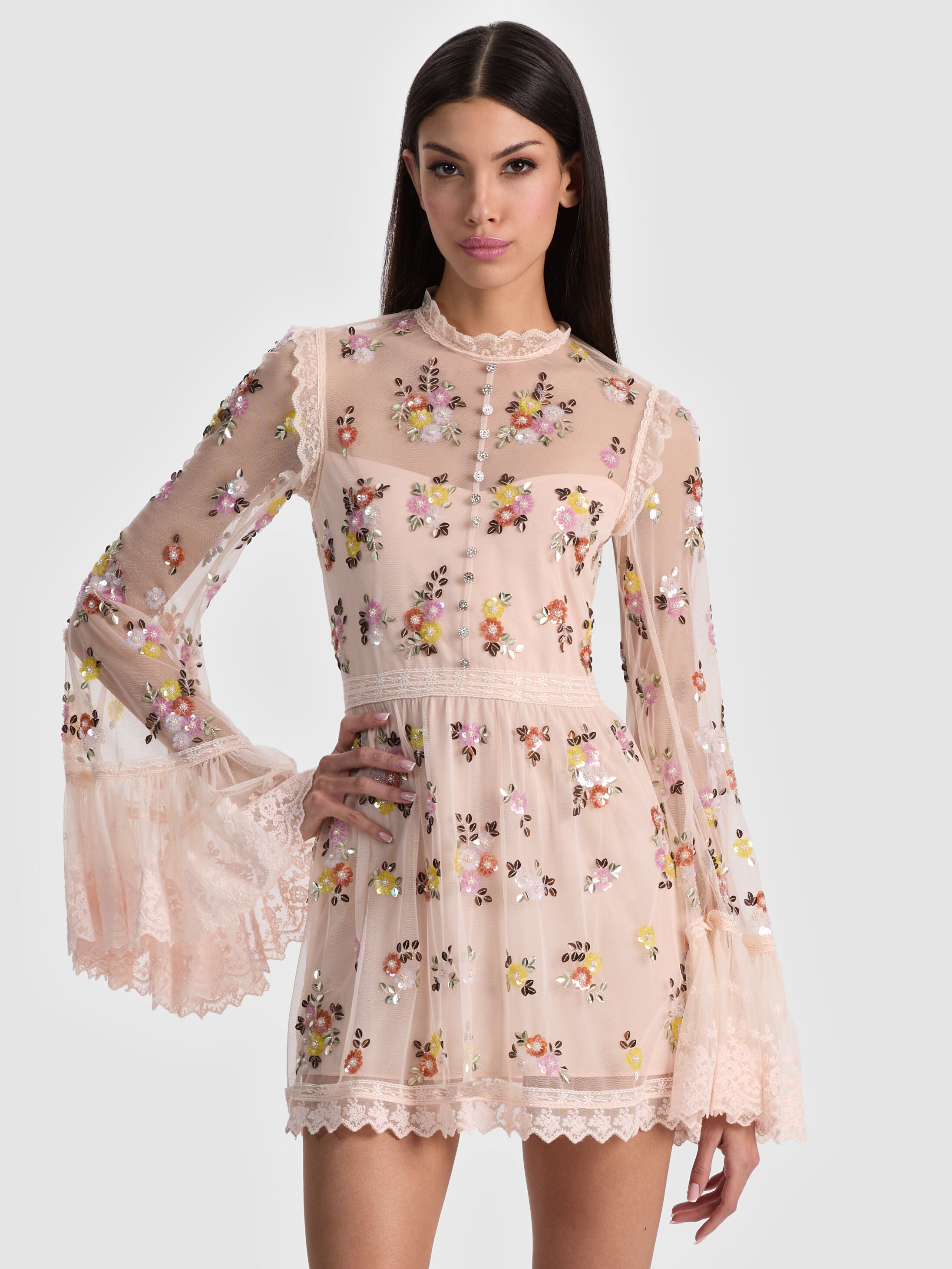 ALLEGRA EMBELLISHED LACE MINI GOWN-PALE PINK-ALICE + OLIVIA