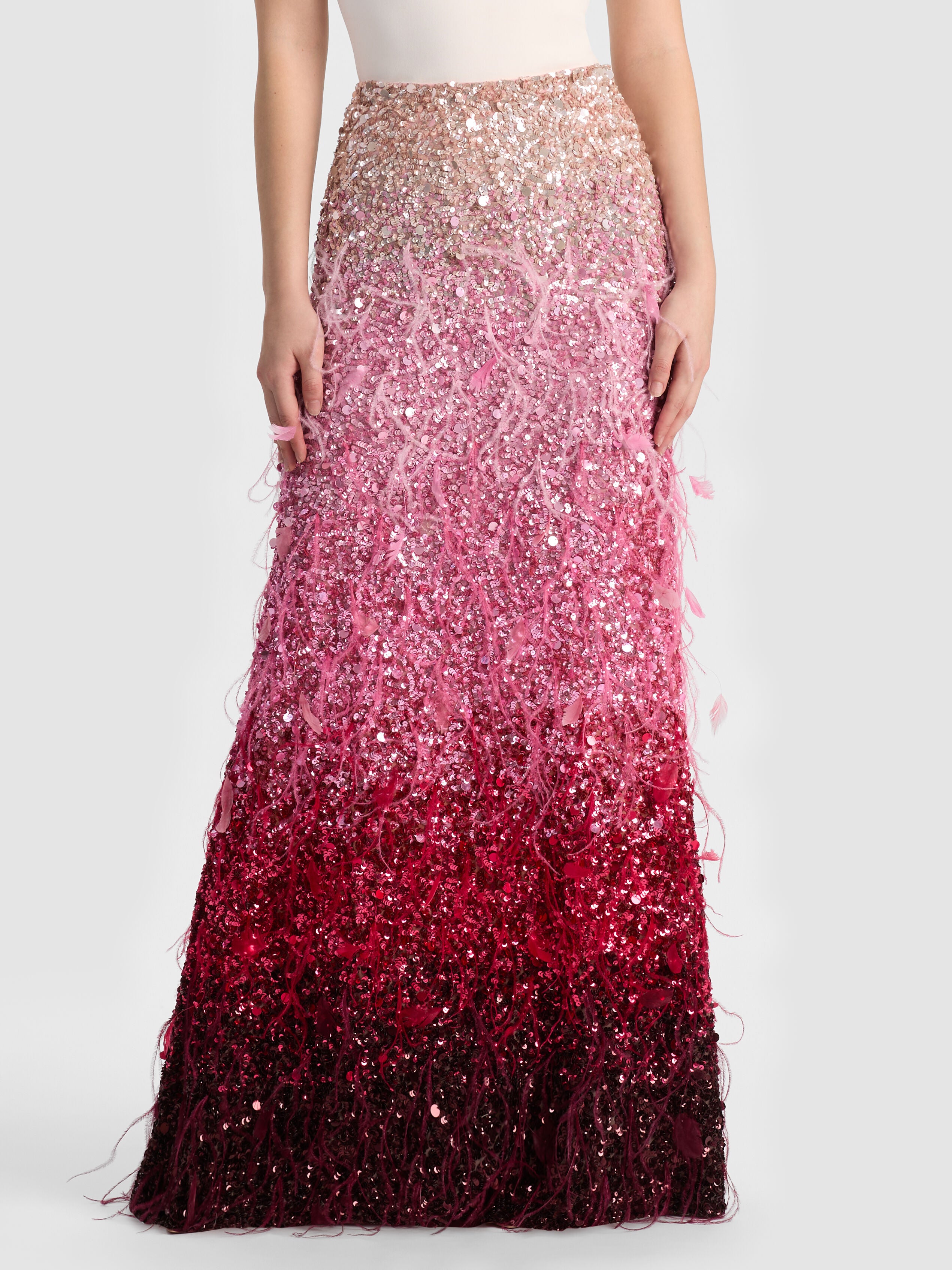 ASHTON FEATHERED SKIRT-ASCENDENT OMBRE DEEP PINK-ALICE + OLIVIA